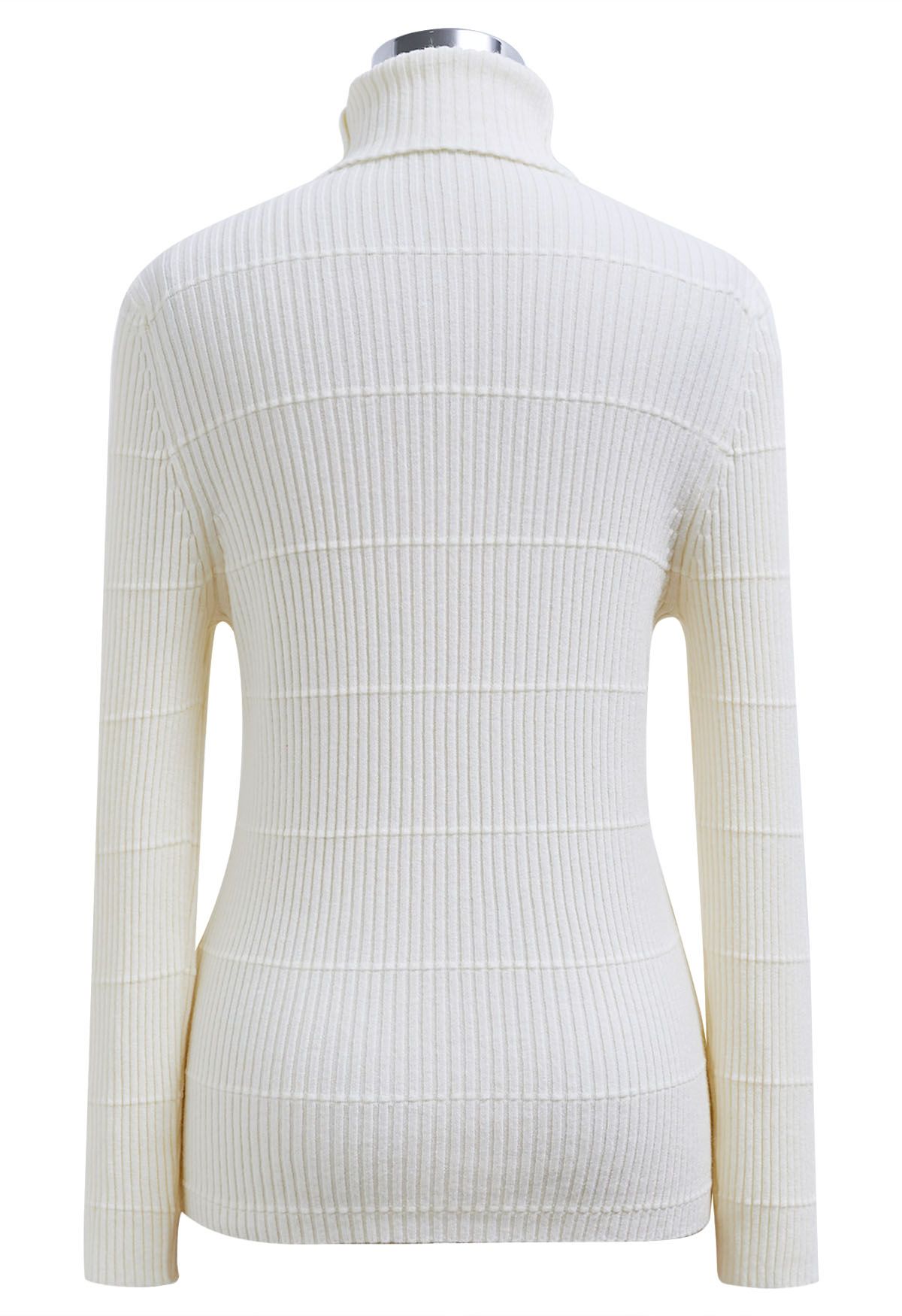 Softness Turtleneck Ribbed Texture Knit Top in White