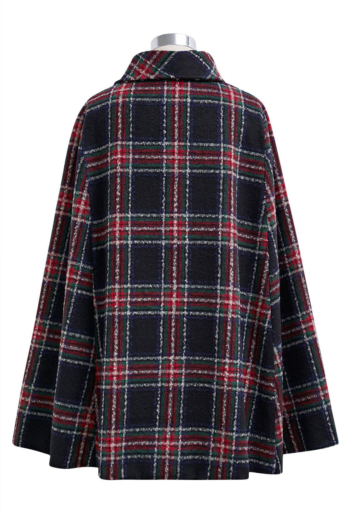 Button Wrap Tie Sash Tartan Cape Coat in Black