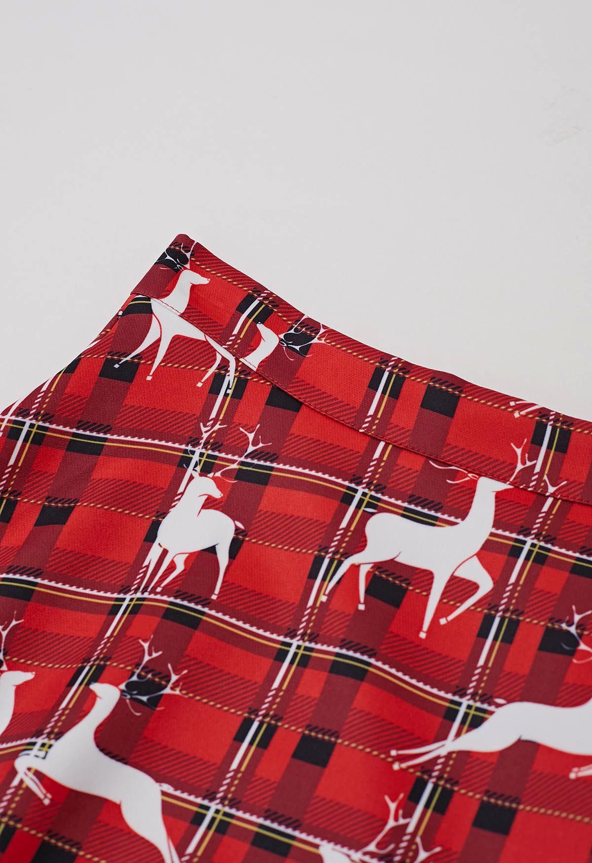 Festive Reindeer Plaid Flare Midi Skirt