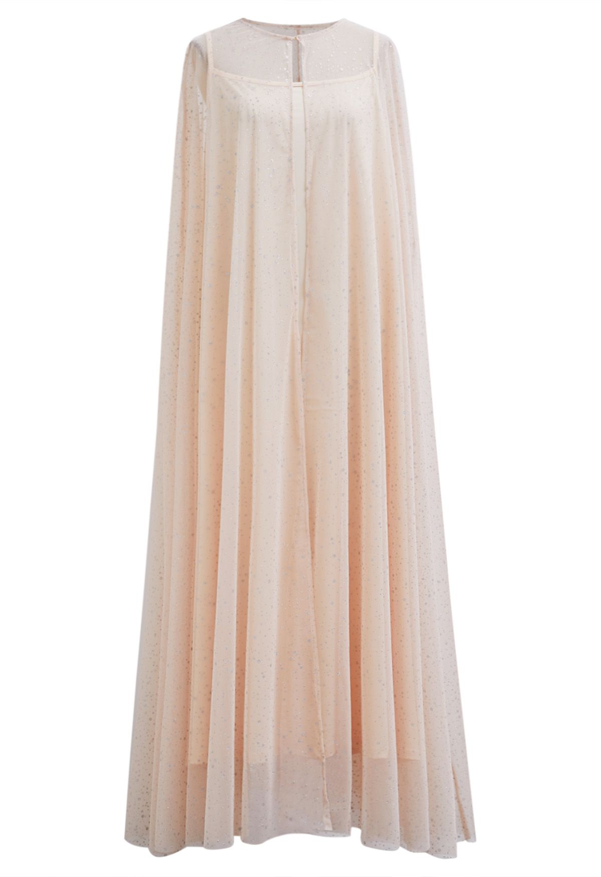 Glittery Mesh Maxi Cape Dress in Apricot