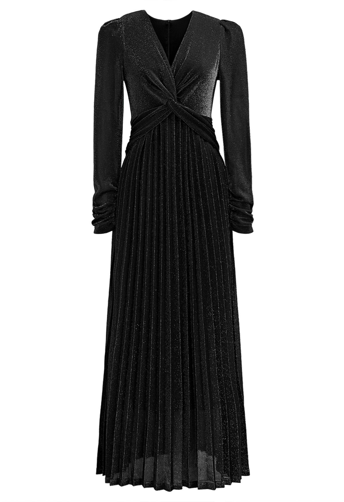 Glistening Twisted Front Pleated Maxi Dress in Black