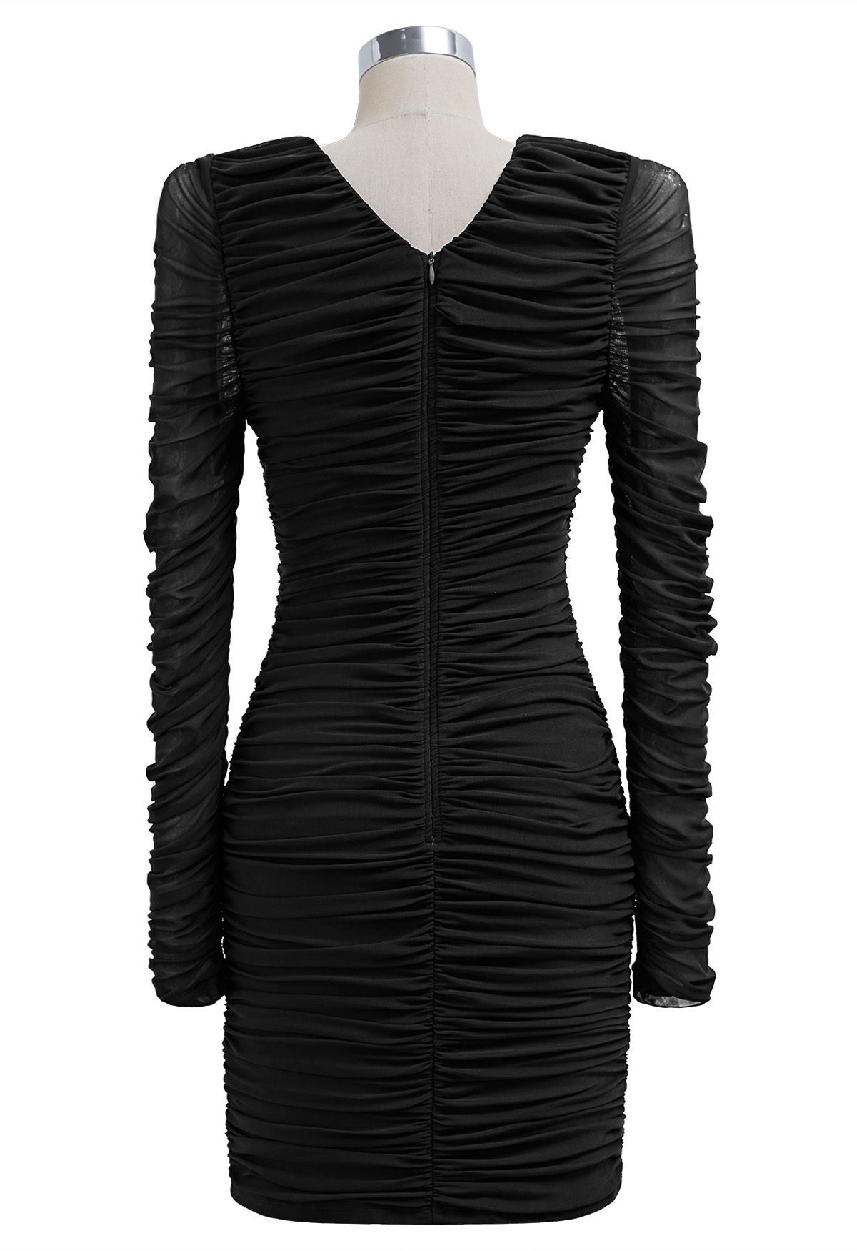 Illusion Black Ruched Sheer Sleeve Mini Dress