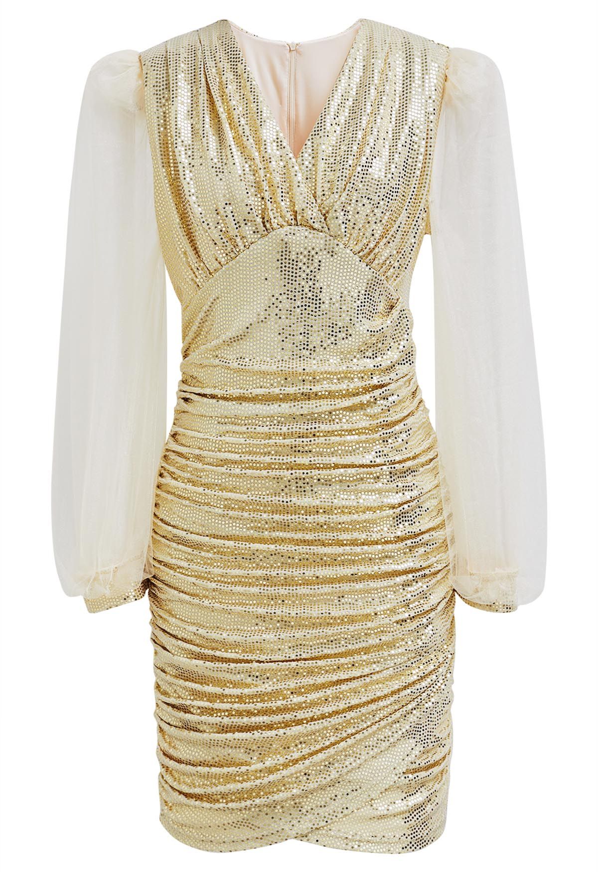 Golden Sequin Organza Puff Sleeve Cocktail Dress