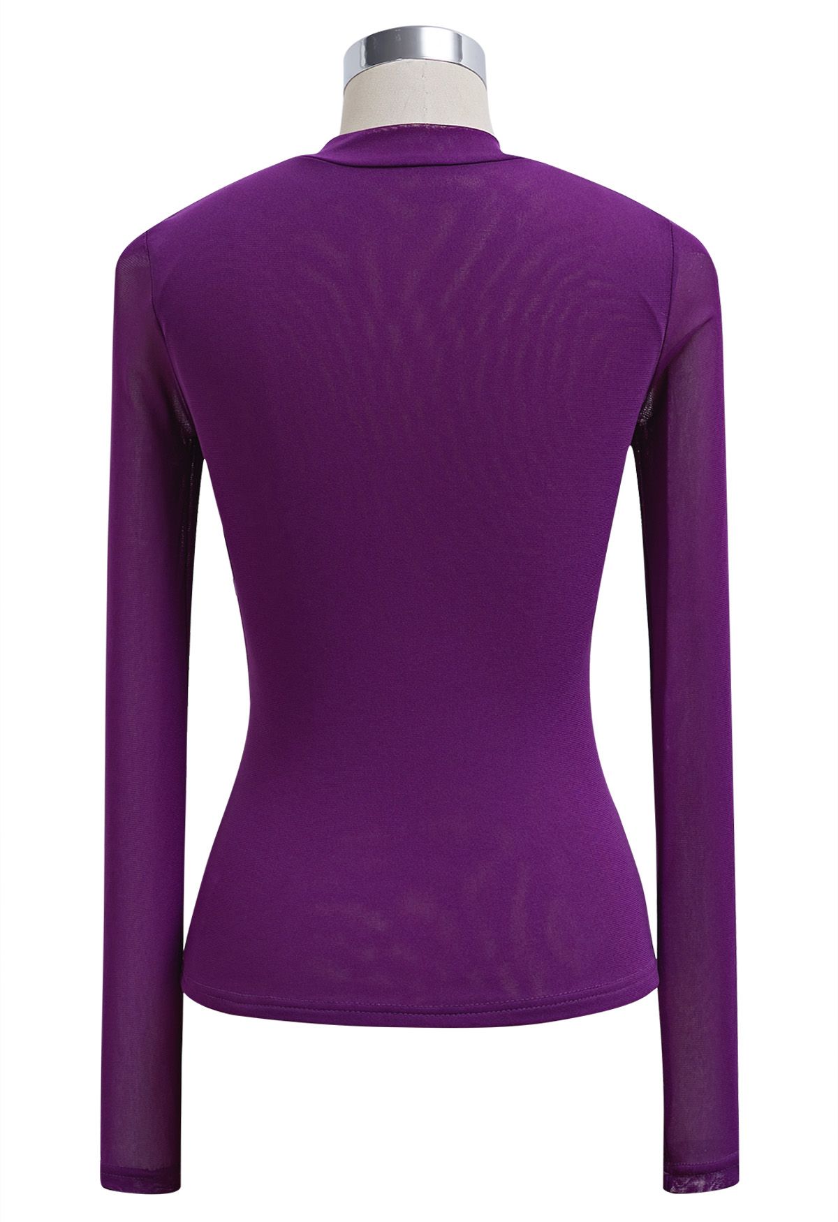 Twist Front Double-Layered Mesh Mock Neck Top in Purple