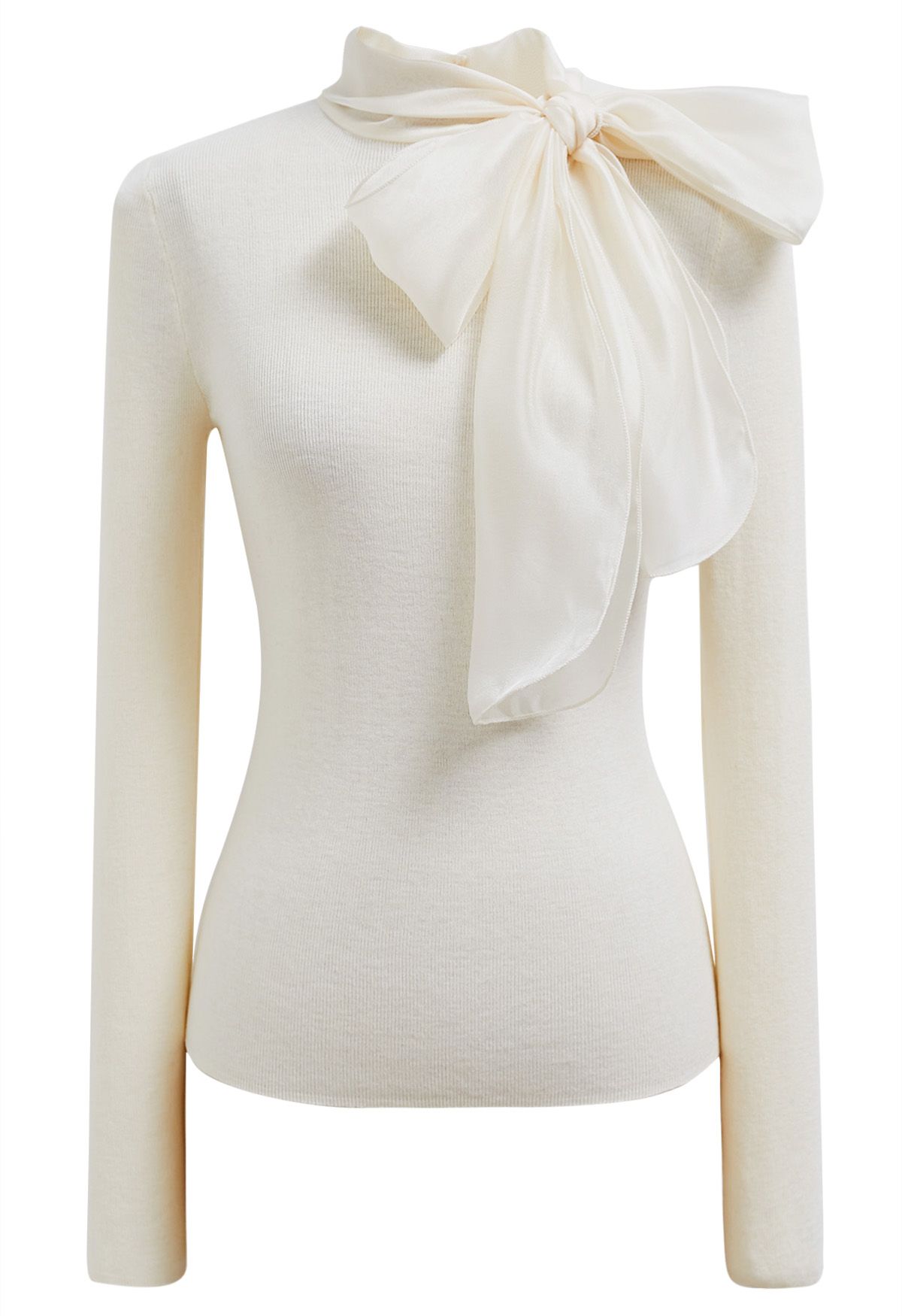 Organza Bowknot Neckline Knit Top in Cream