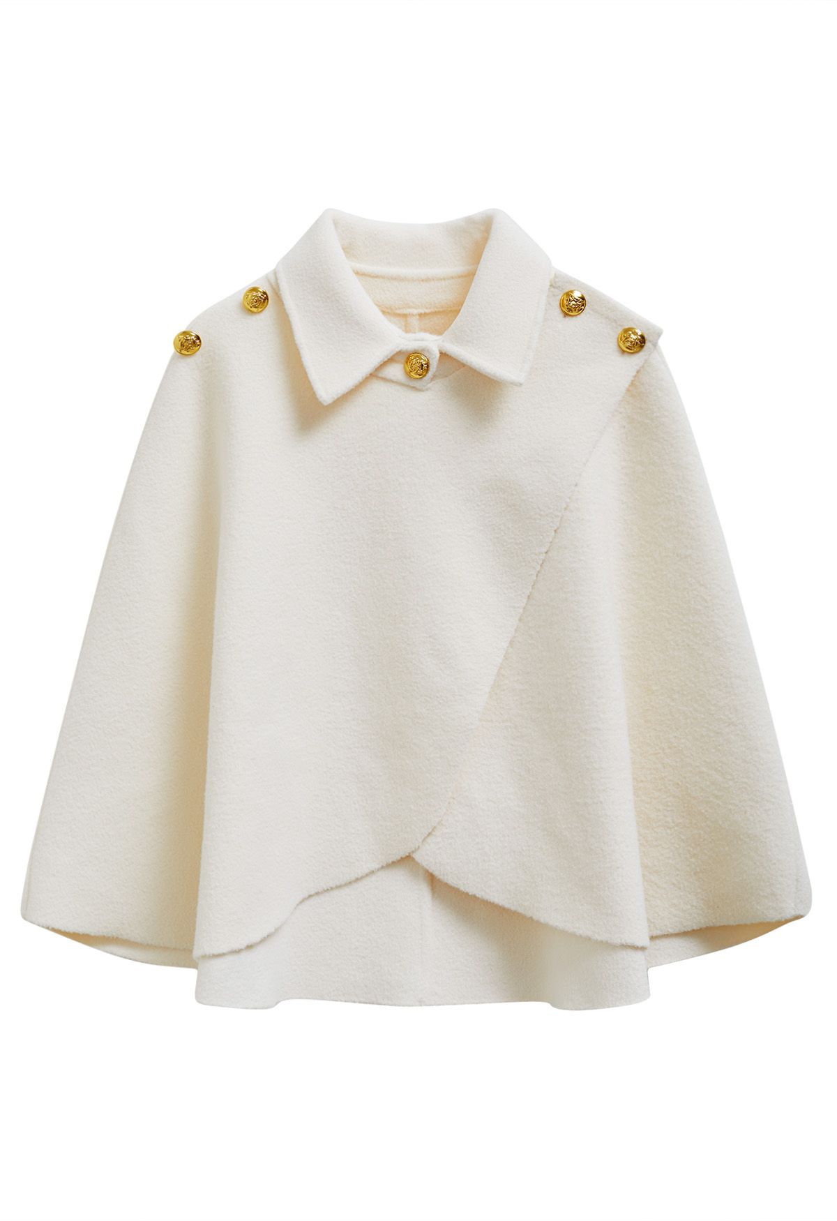 Golden Button Wrapped Knit Cape in Cream