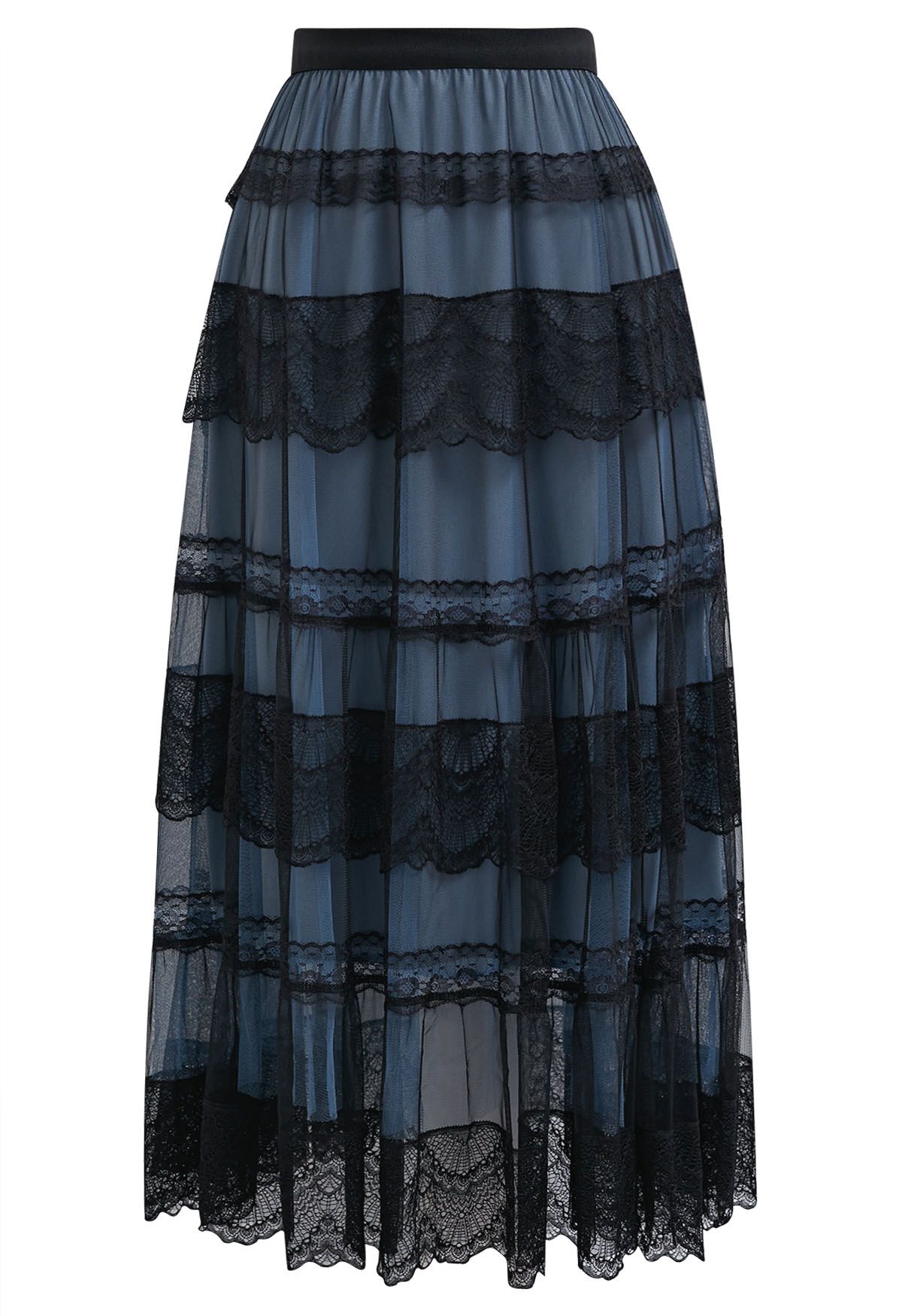 Mysterious Lace Tiered Mesh Tulle Midi Skirt in Dusty Blue