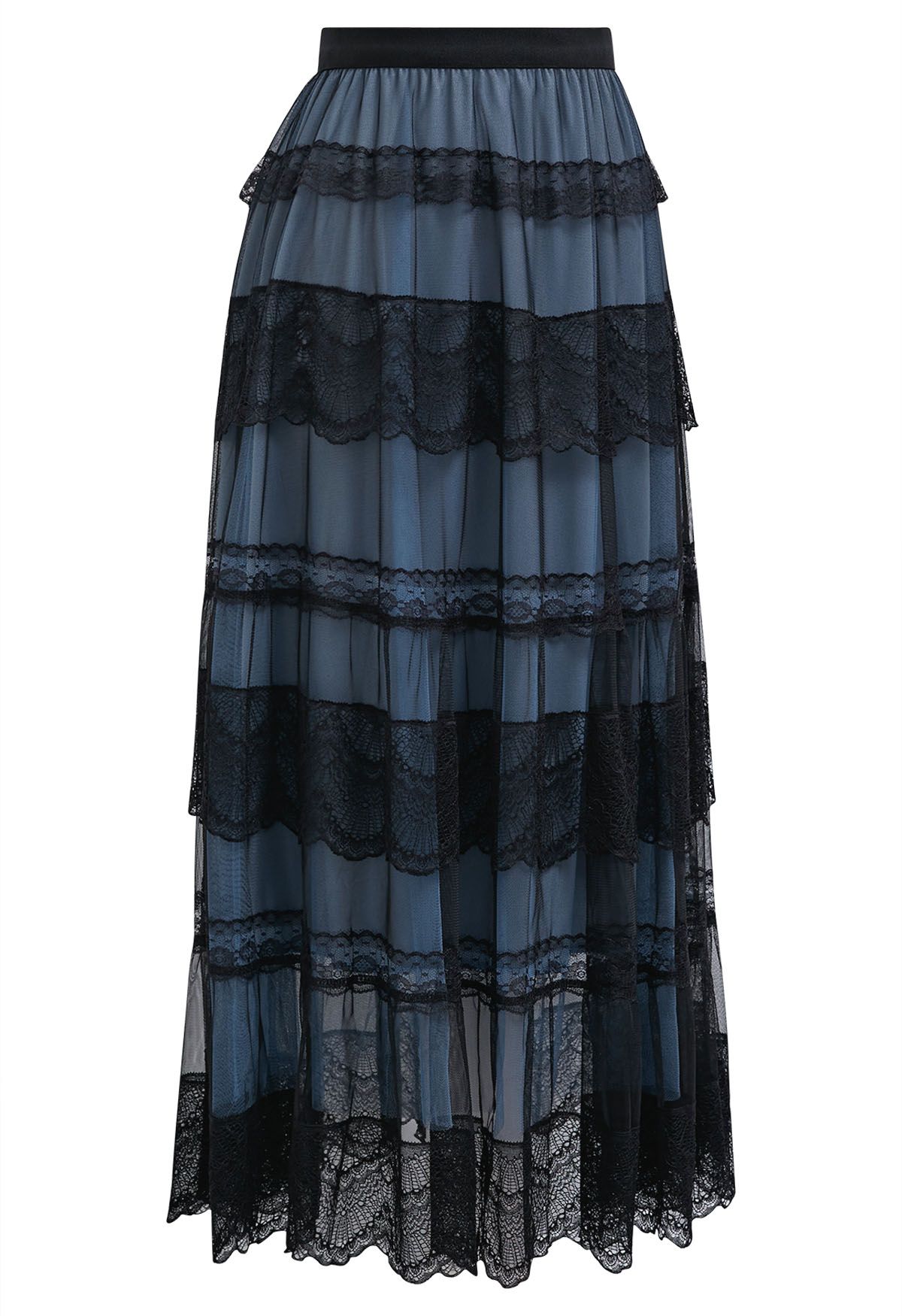 Mysterious Lace Tiered Mesh Tulle Midi Skirt in Dusty Blue