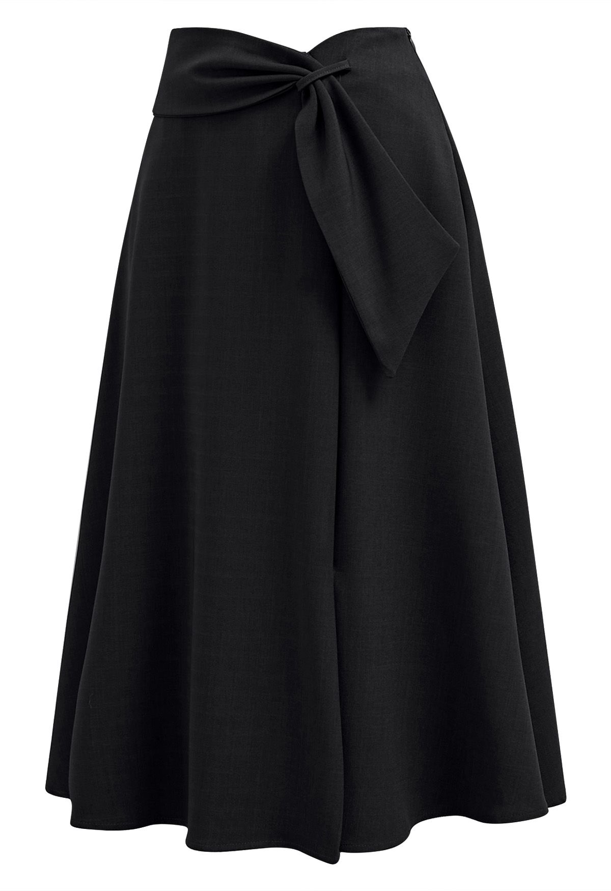 Sash Adorned Split A-Line Midi Skirt in Black