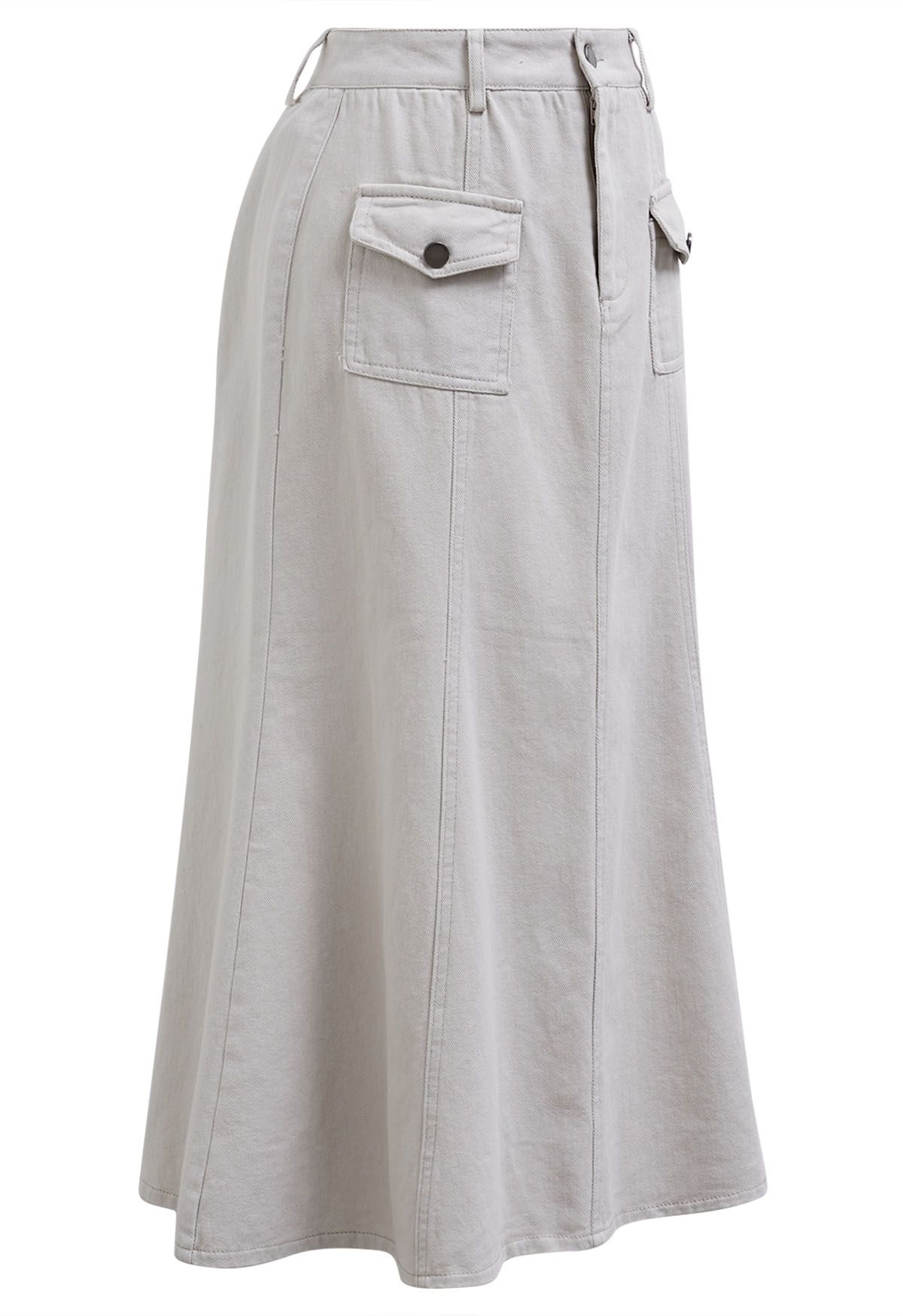 Front Flap Pockets Mermaid Denim Midi Skirt in Ivory