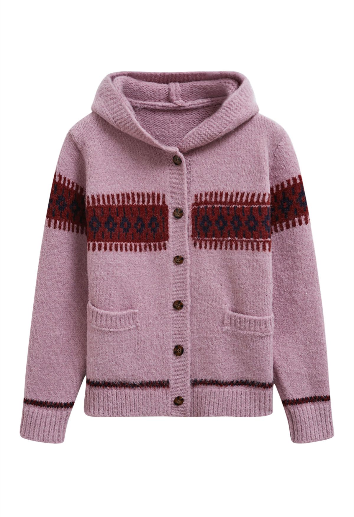 Contrast Fair Isle Buttoned Hooded Knit Cardigan in Lilac