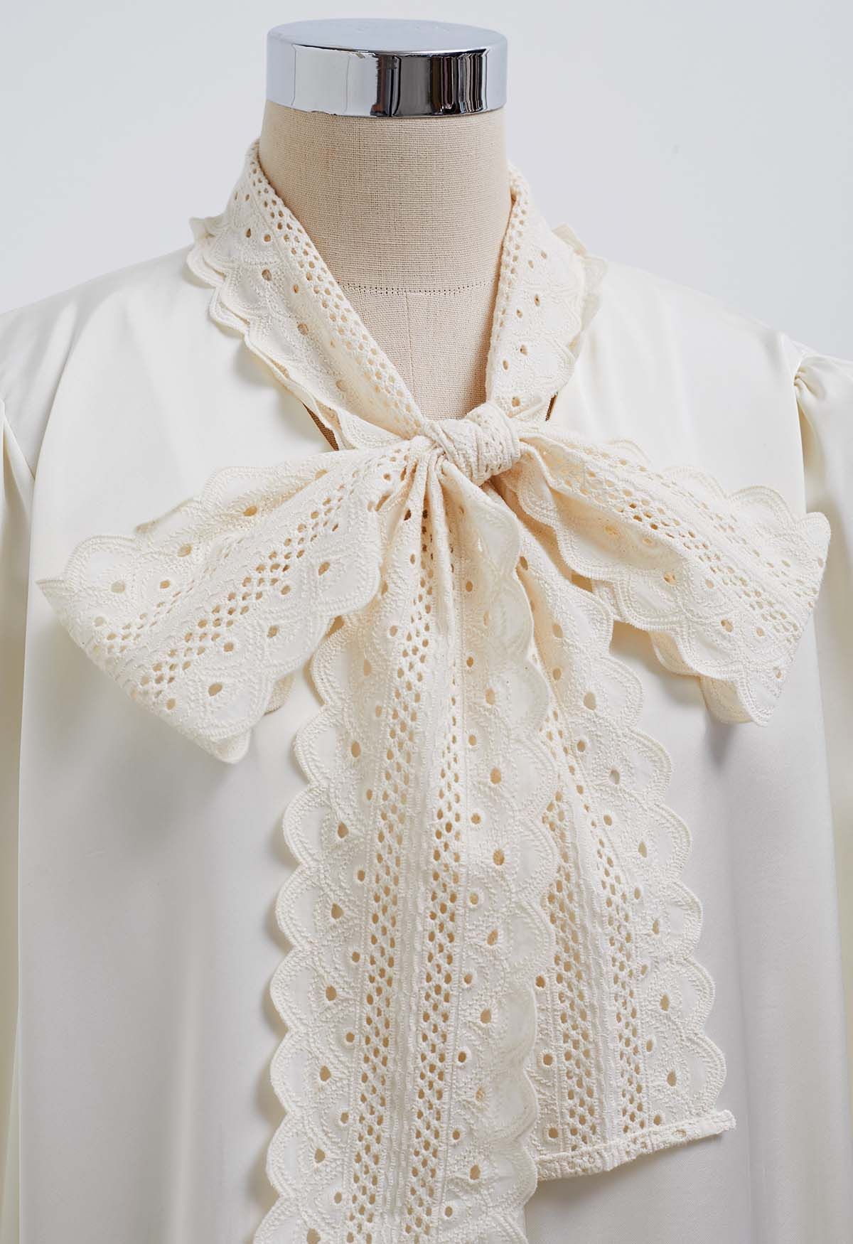 Sophisticated Eyelet Trim Bowknot Satin Shirt