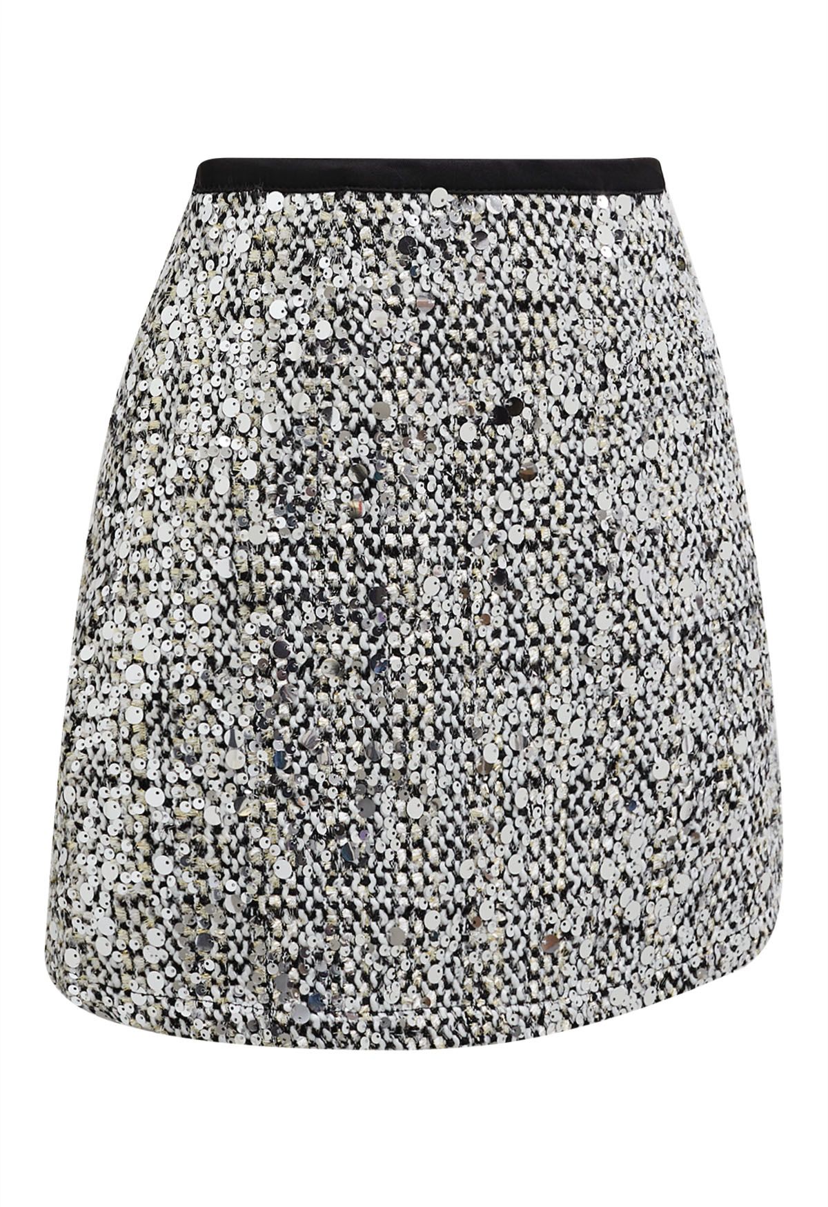 Silver Sequin Embellishment Tweed Mini Skirt