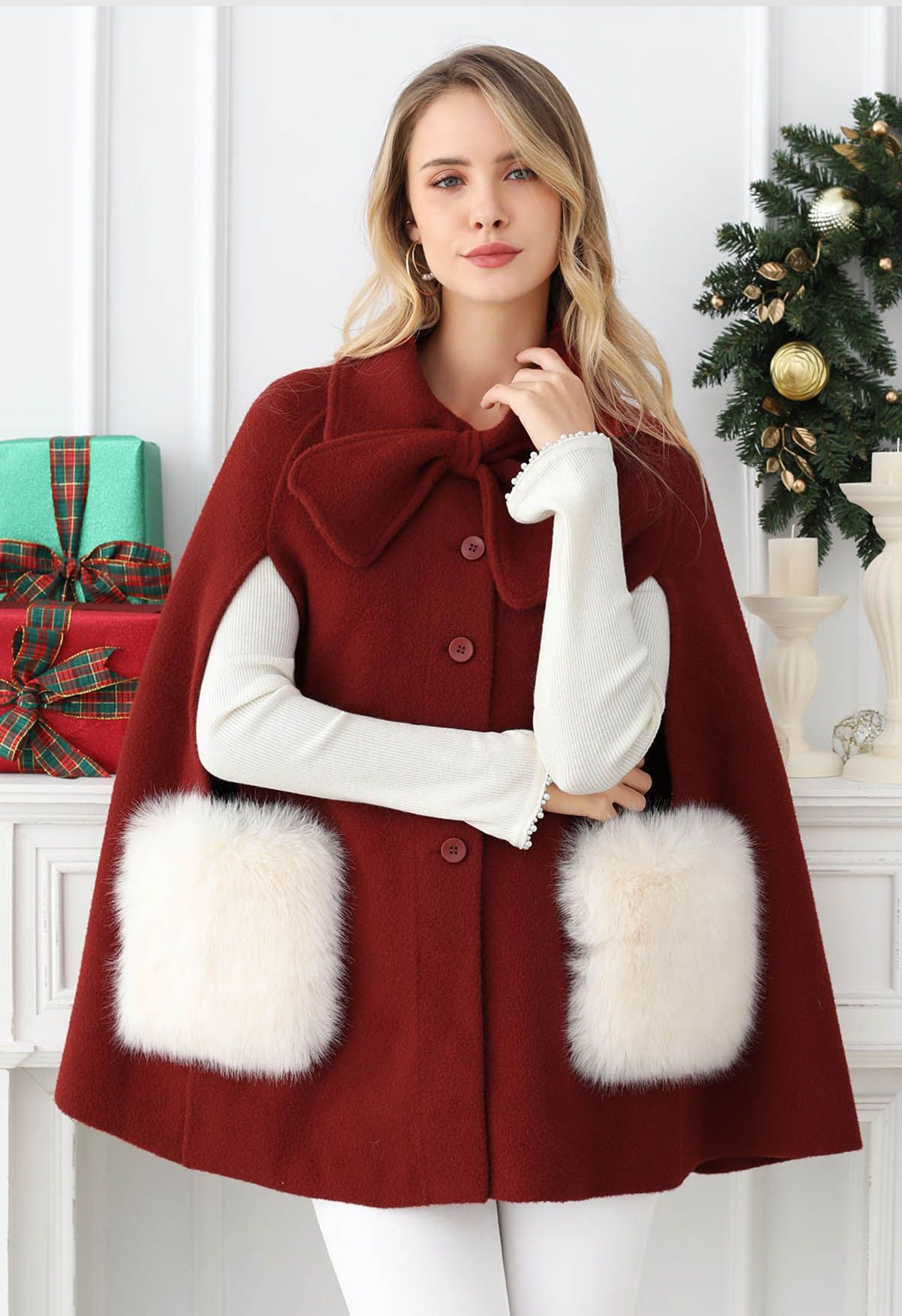 Bowknot Decor Faux Fur Pocket Buttoned Knit Cape Coat in Red