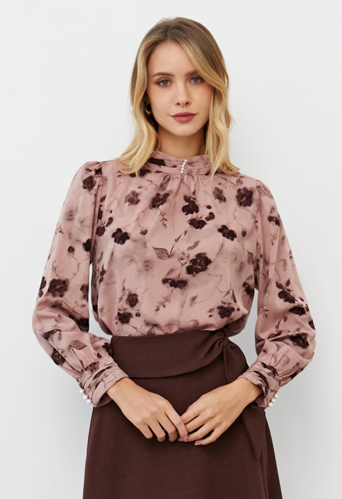 Inky Floral Printed Pearl Decor Shirt