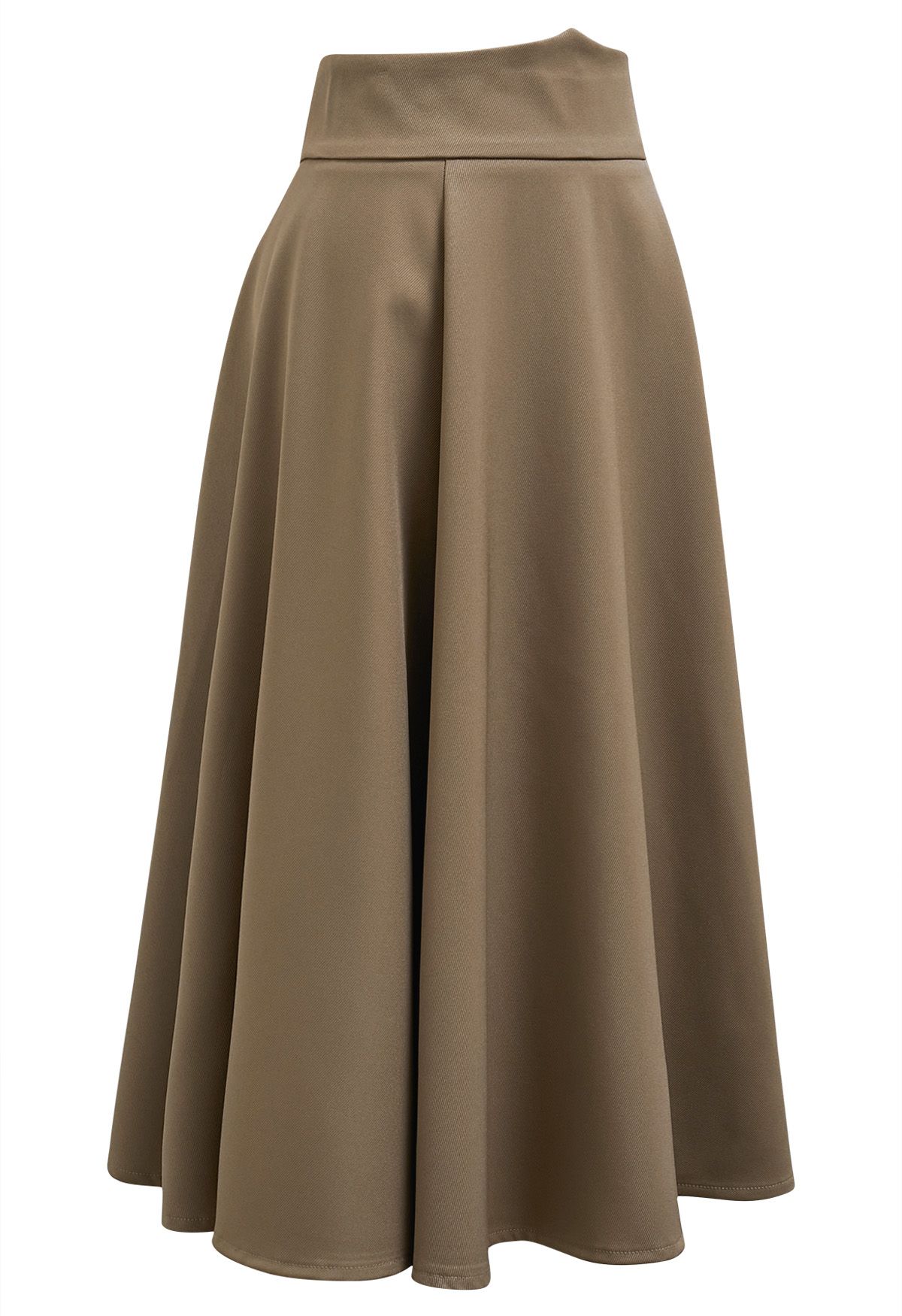 Solid Khaki High-Waist A-Line Midi Skirt