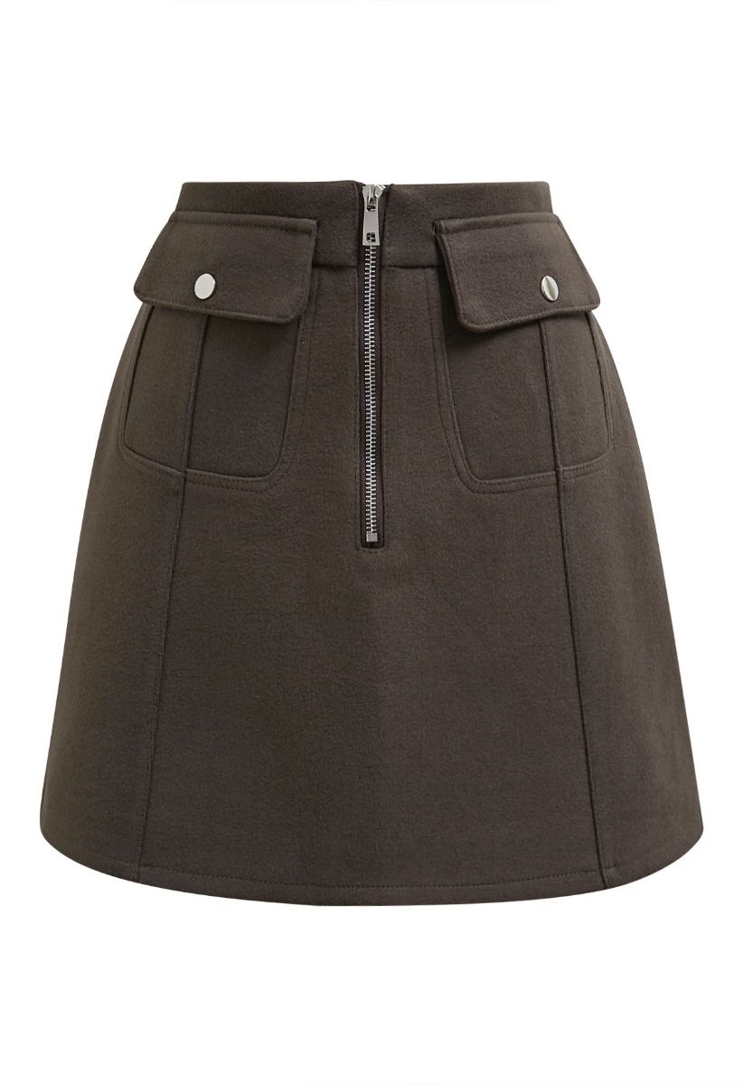 Effortless Charm Flap Pocket Zipper Mini Skirt in Brown