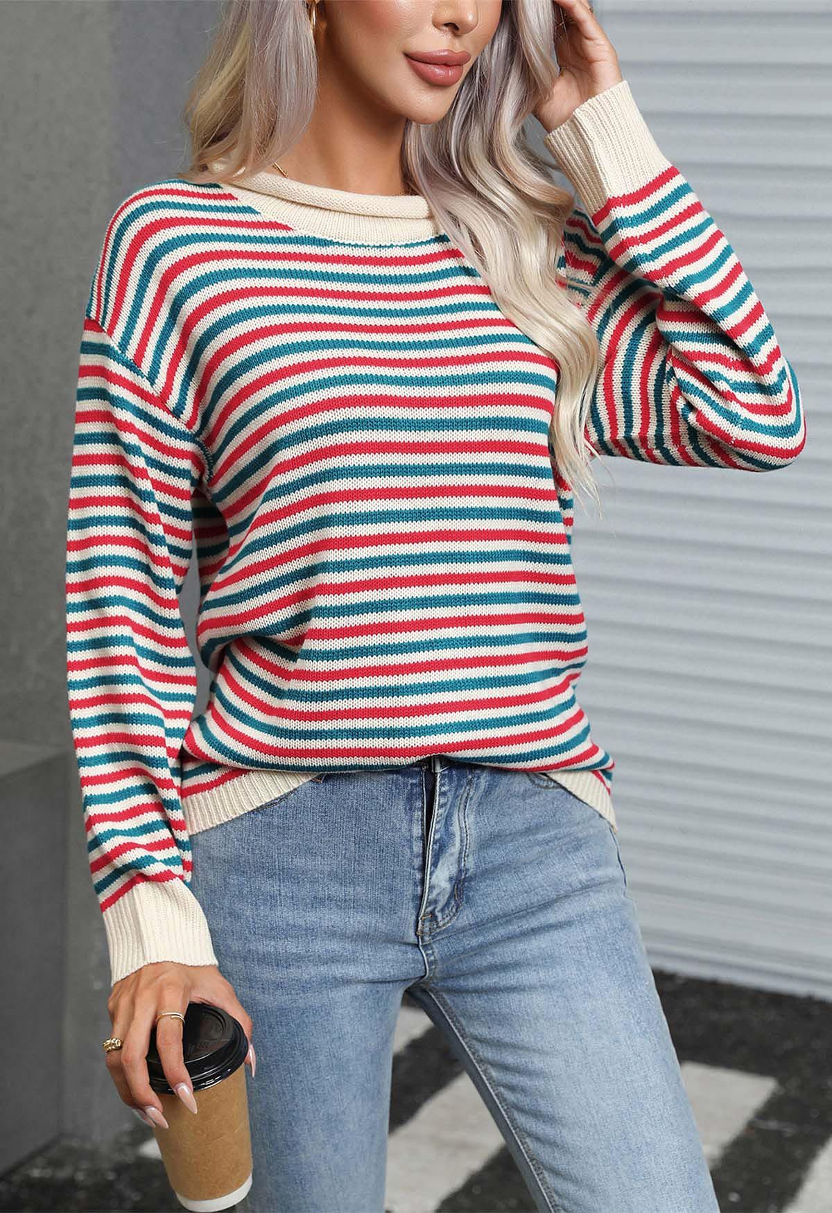 Colorful Stripes Rolled Neckline Knit Sweater