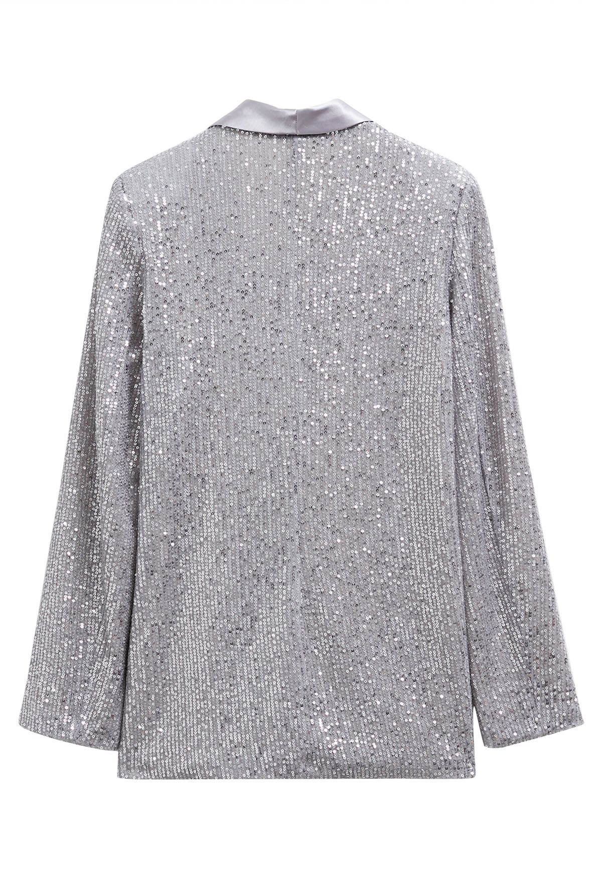 Dazzling Sequin Open Front Shawl Blazer in Silver