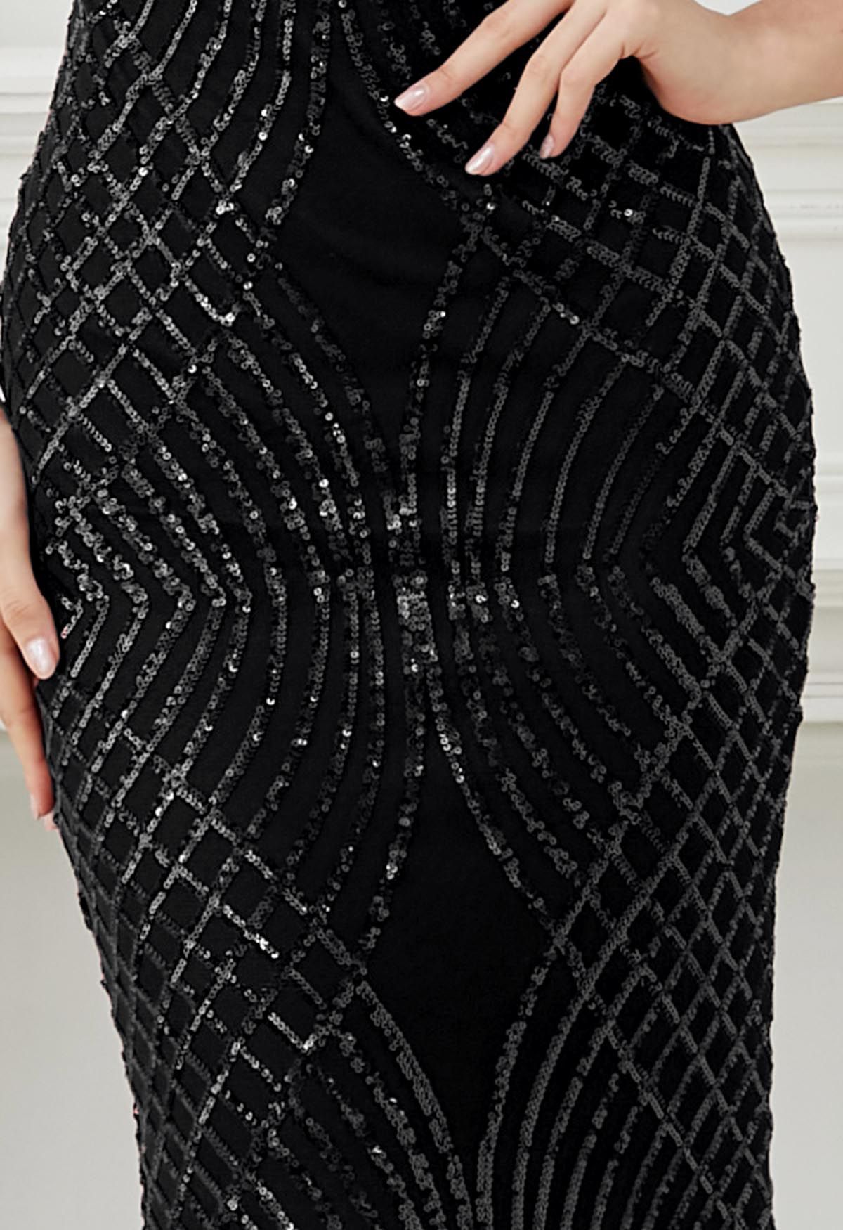 Opulent Geometry Sequin Mermaid Gown in Black