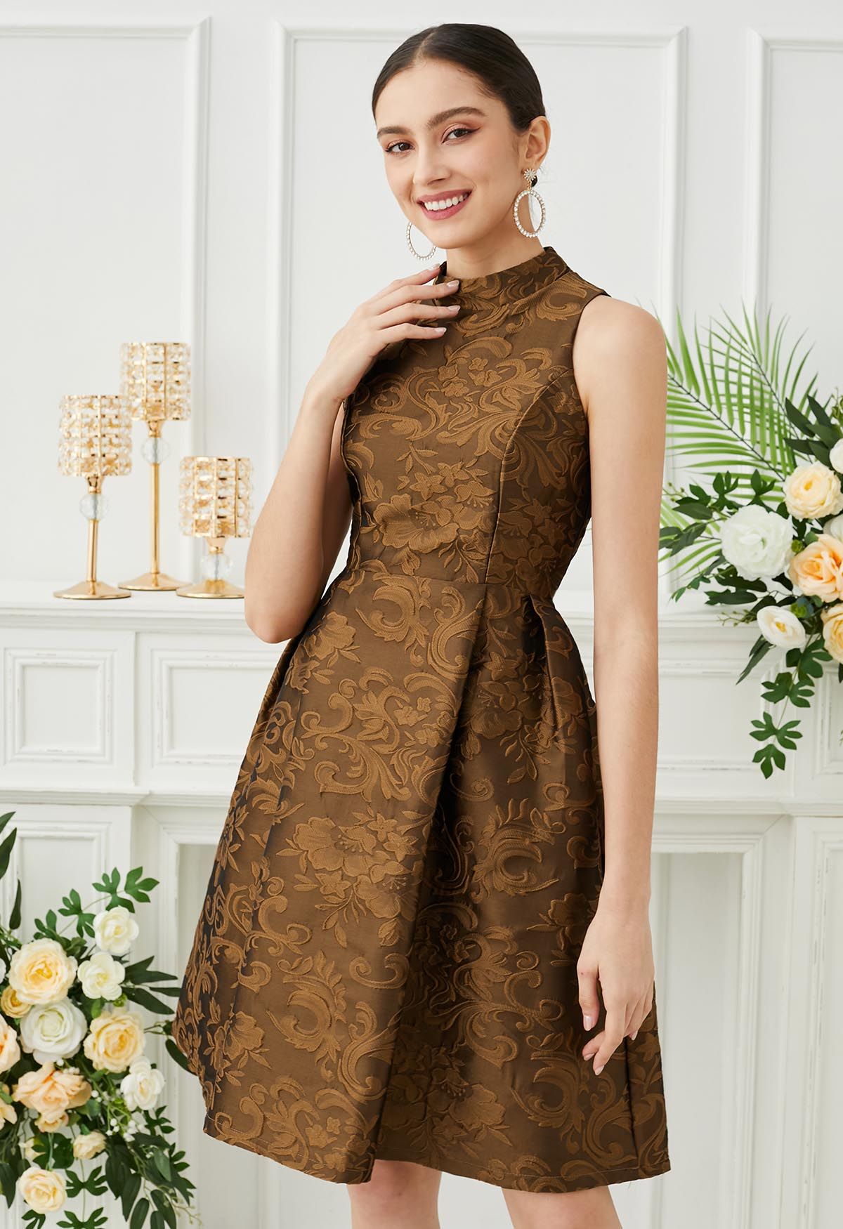 Splendid Floral Jacquard Sleeveless Dress in Bronze