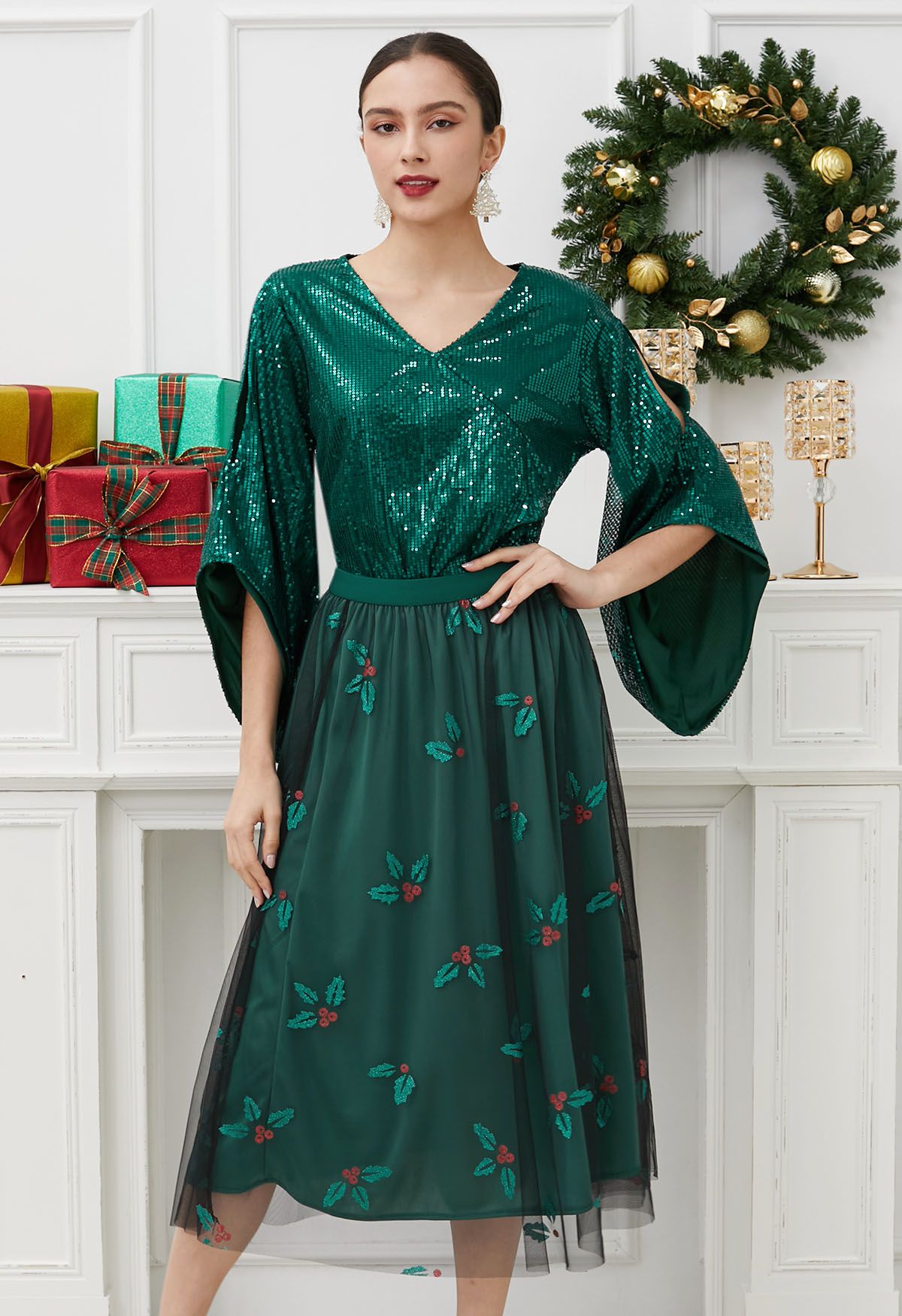 Joyful Holly Mesh Tulle Midi Skirt in Dark Green