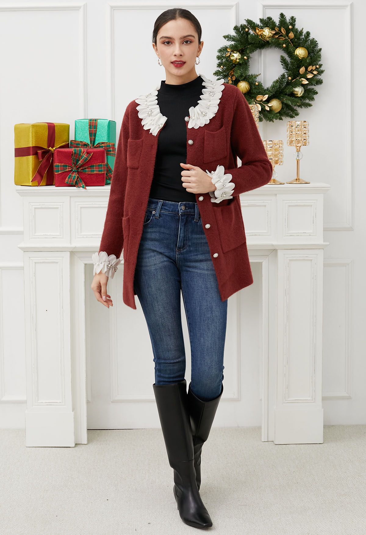 3D Petal Neckline Patch Pocket Knit Cardigan in Burgundy