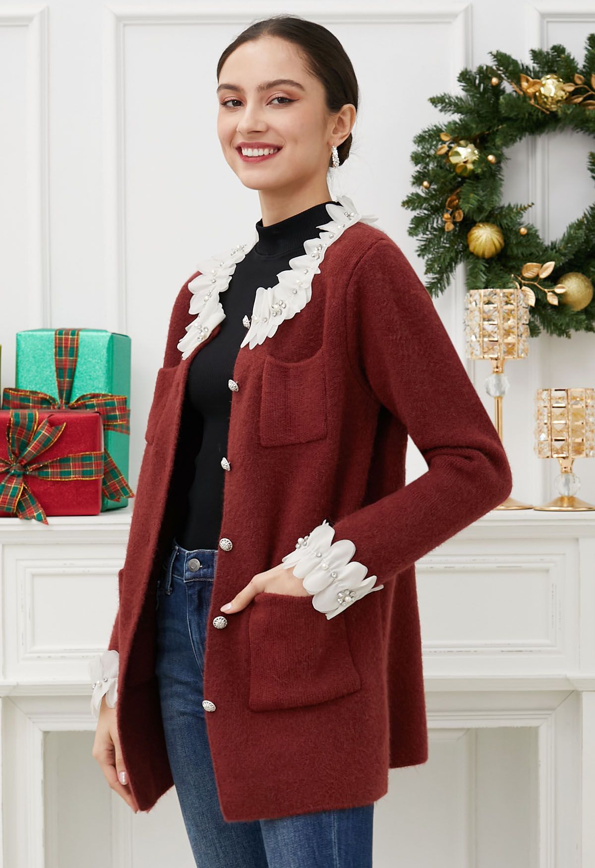 3D Petal Neckline Patch Pocket Knit Cardigan in Burgundy