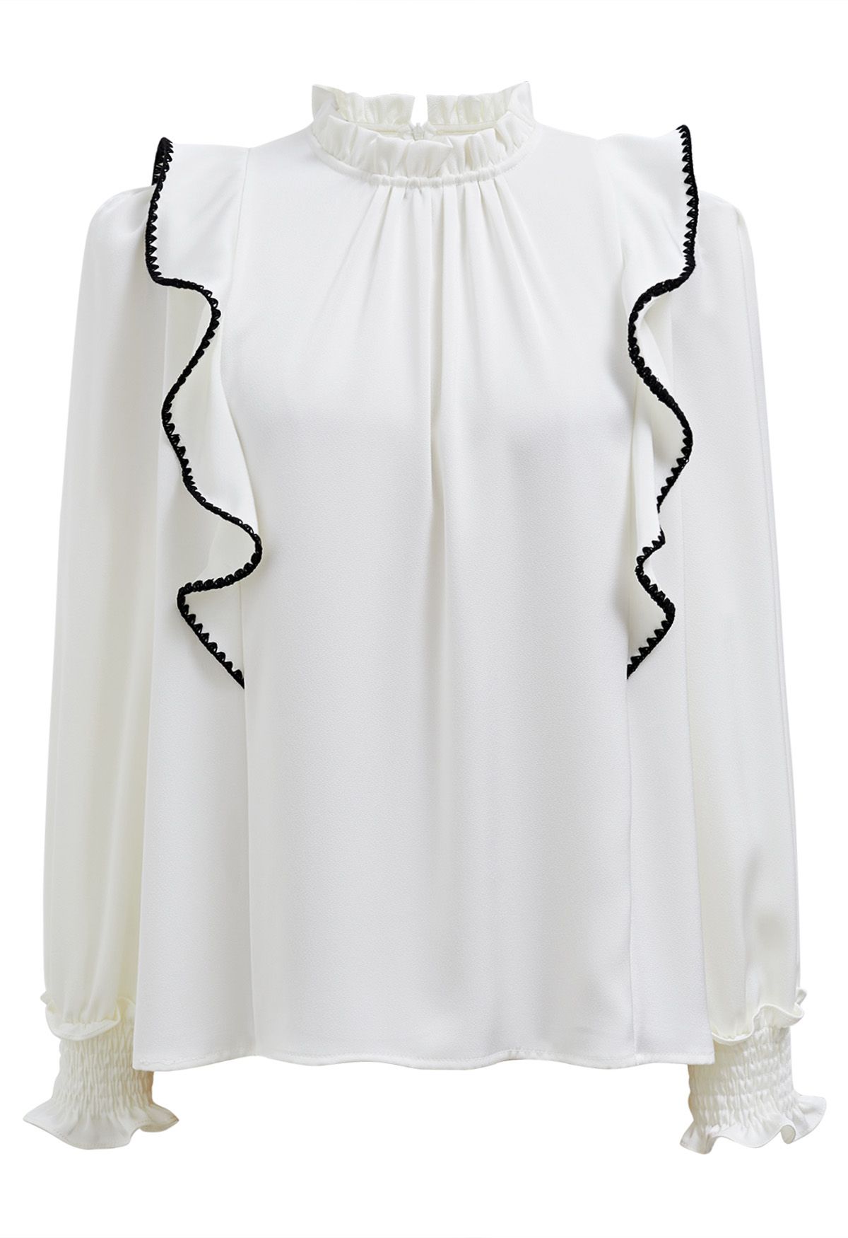 Black Stitch Ruffle Puff Sleeve Shirt in White