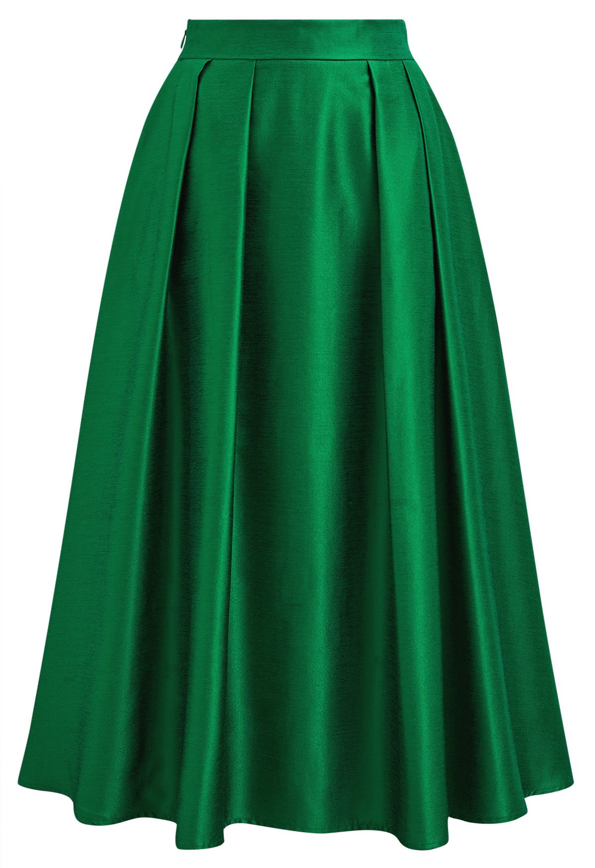 Sleek Side Pockets Pleated A-Line Midi Skirt in Green