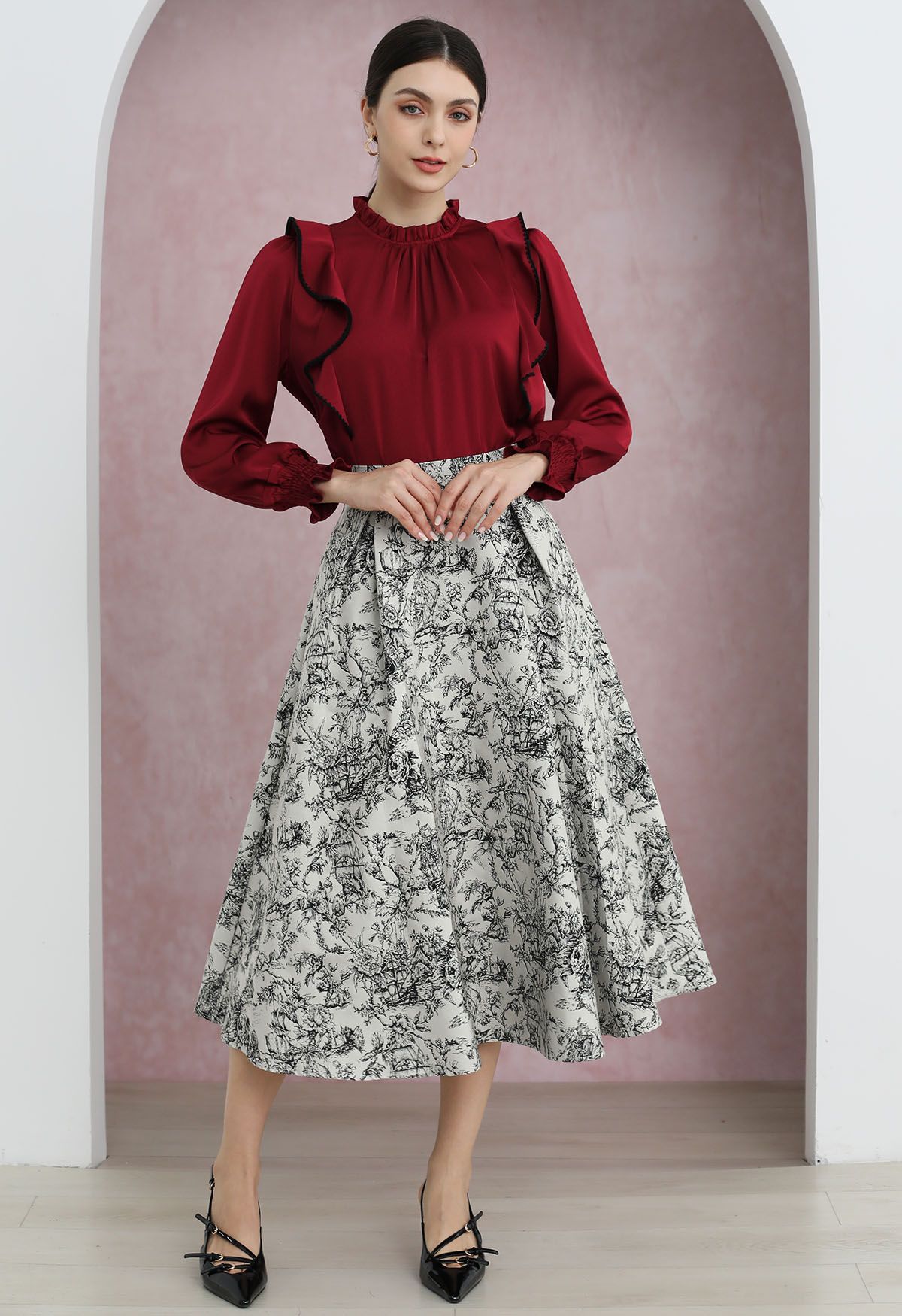 Graceful Inky Floral Jacquard A-Line Midi Skirt