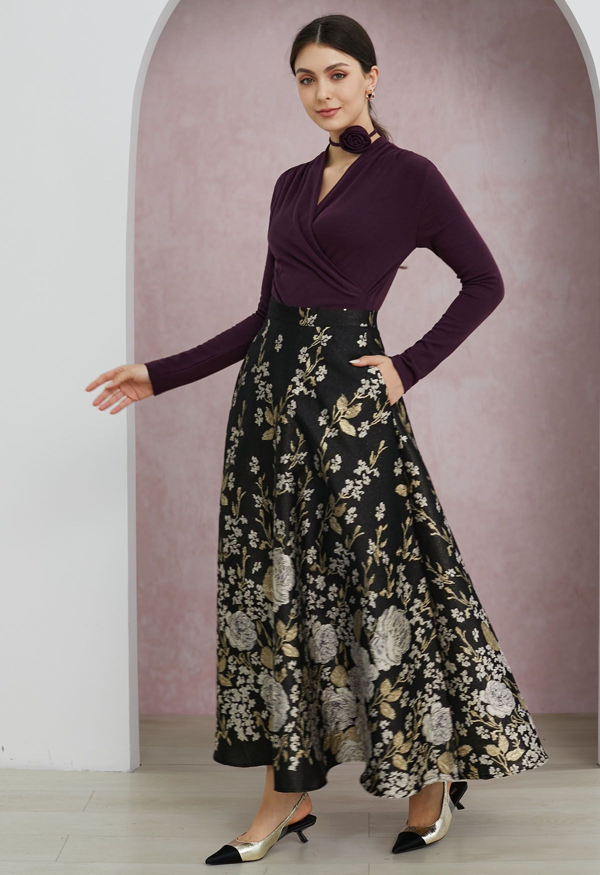 Golden Hour Peony Metallic Jacquard A-Line Maxi Skirt 