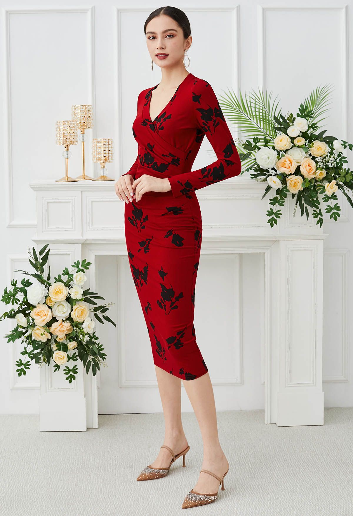 Eternal Romance Faux-Wrap Ruched Midi Dress