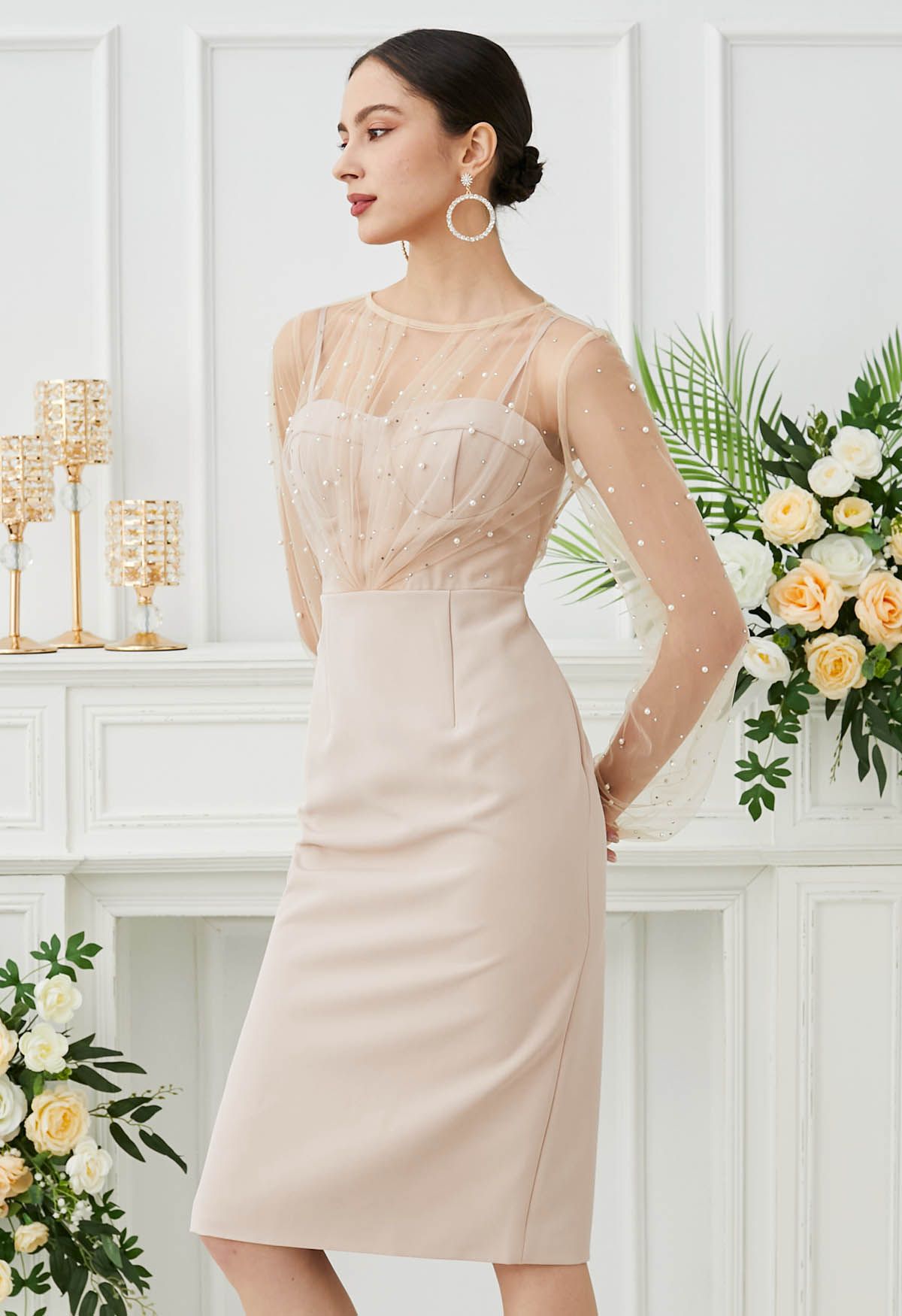 Glamorous Pearl Decor Mesh Spliced Midi Dress in Apricot