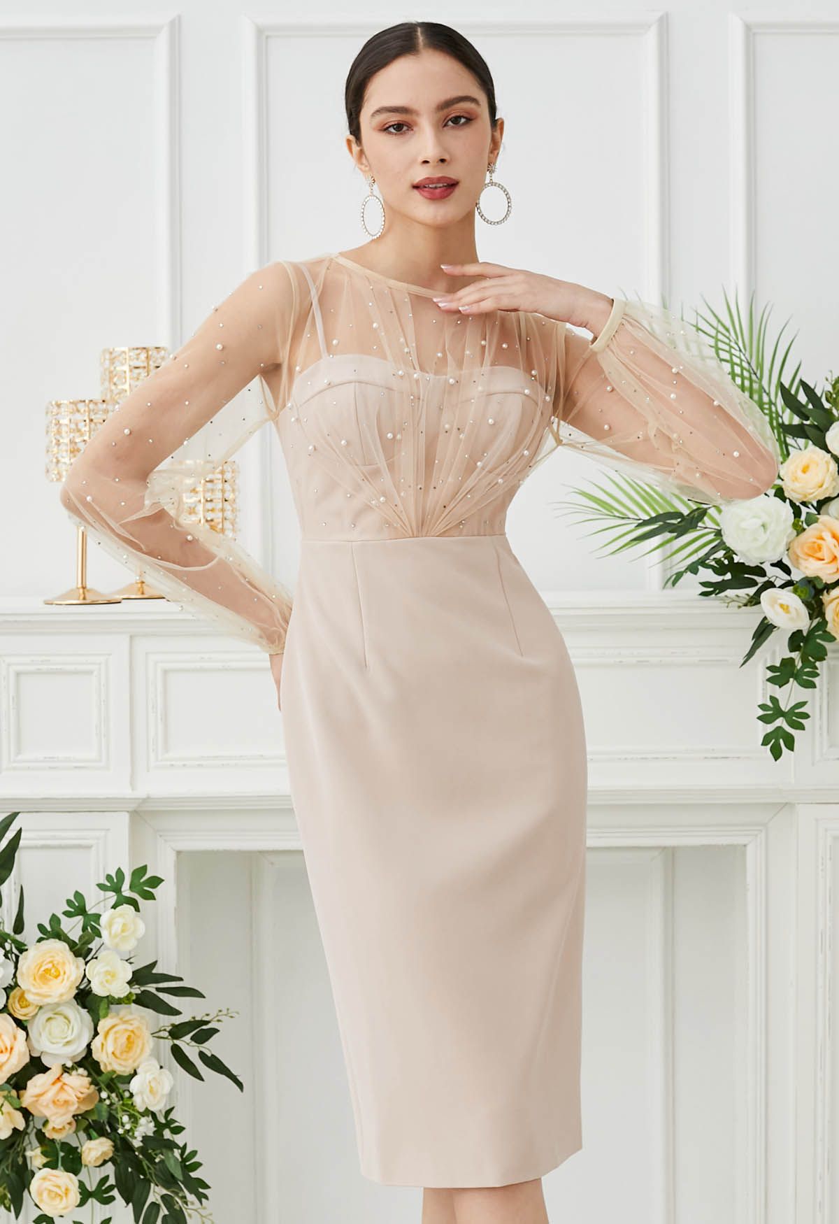 Glamorous Pearl Decor Mesh Spliced Midi Dress in Apricot