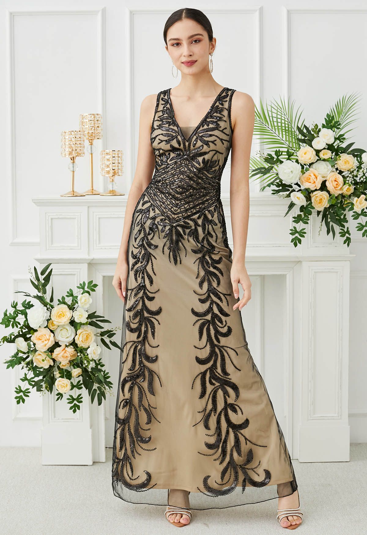 Leaves Sequin V-Neck Mesh Sleeveless Gown in Black