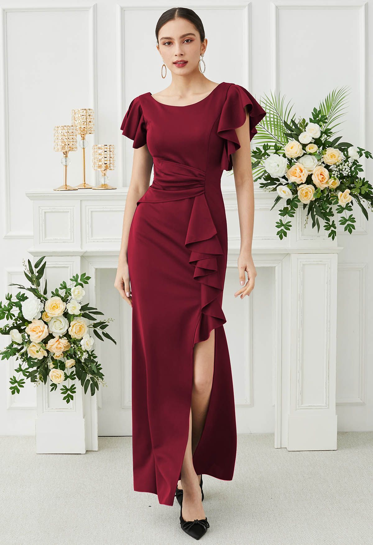 Cascade Ruffle Split Front Sleek Gown in Burgundy