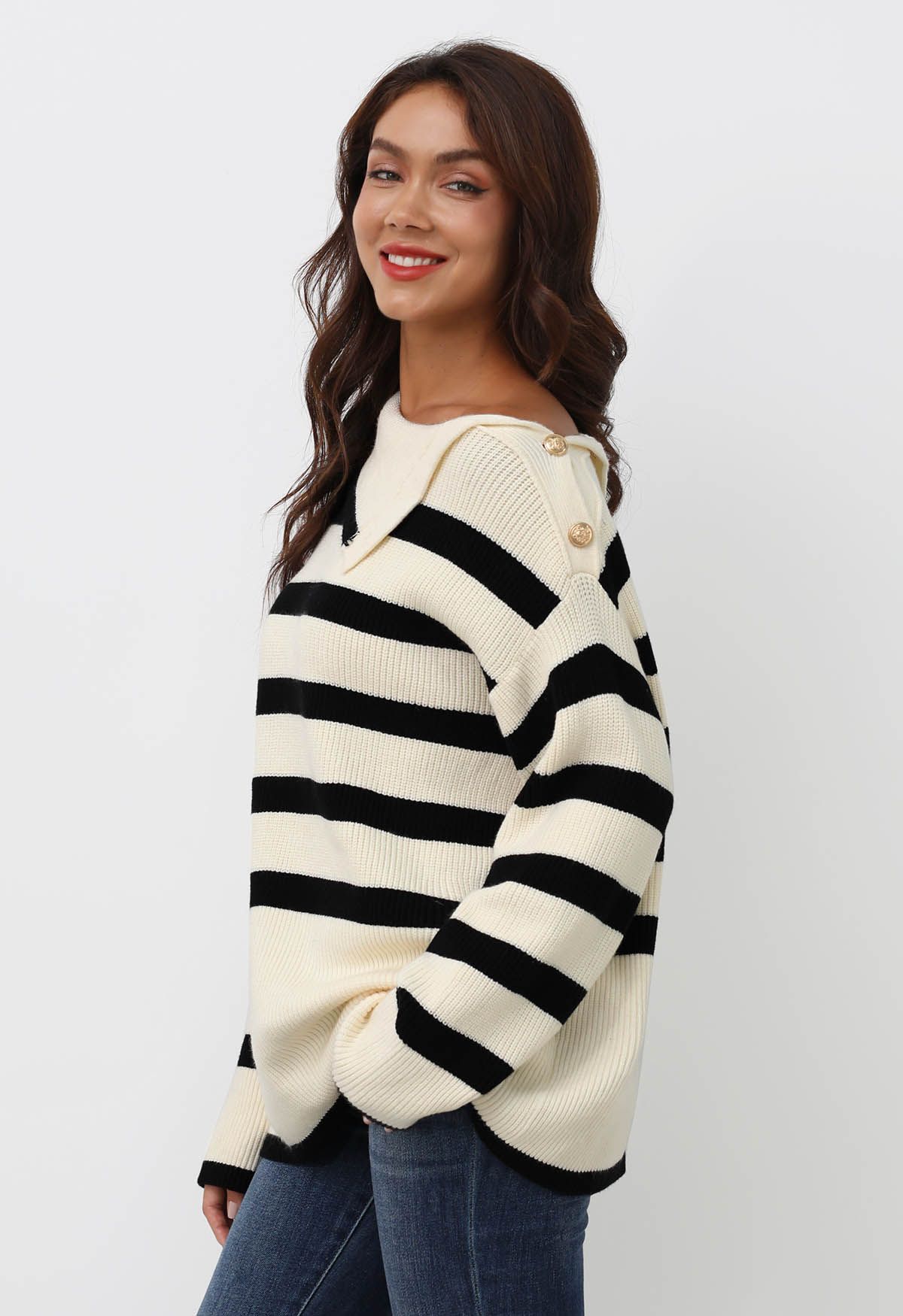 Buttoned Neck Striped Oversize Sweater in Cream