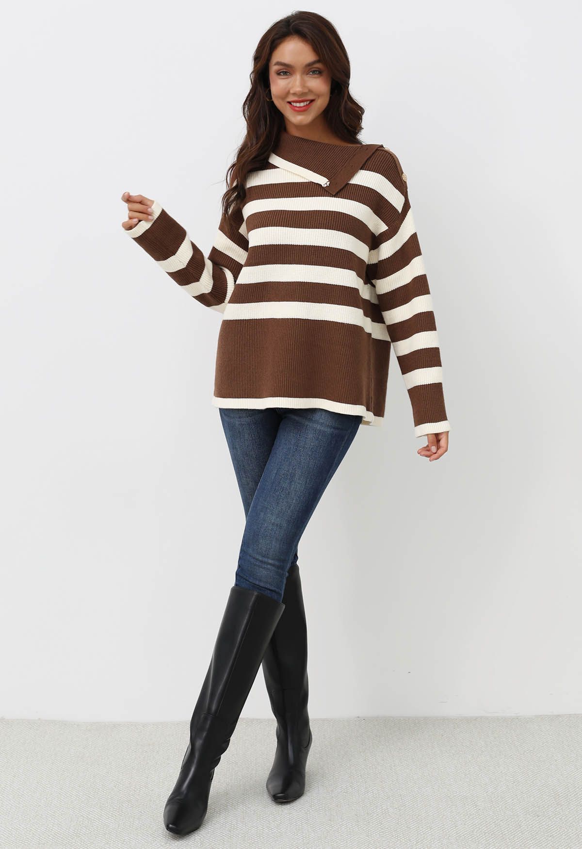 Buttoned Neck Striped Oversize Sweater in Brown