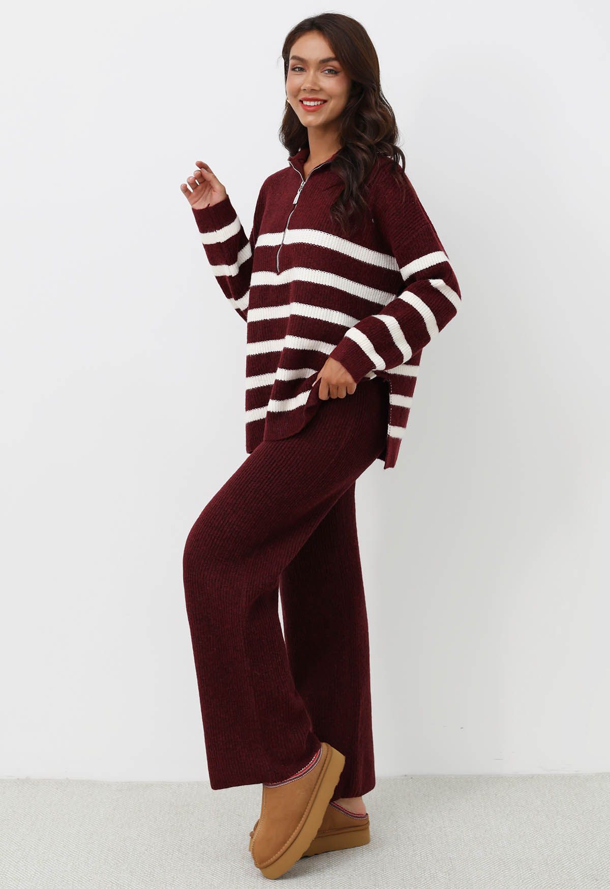 Burgundy Stripes Half-Zip Sweater and Pants Set