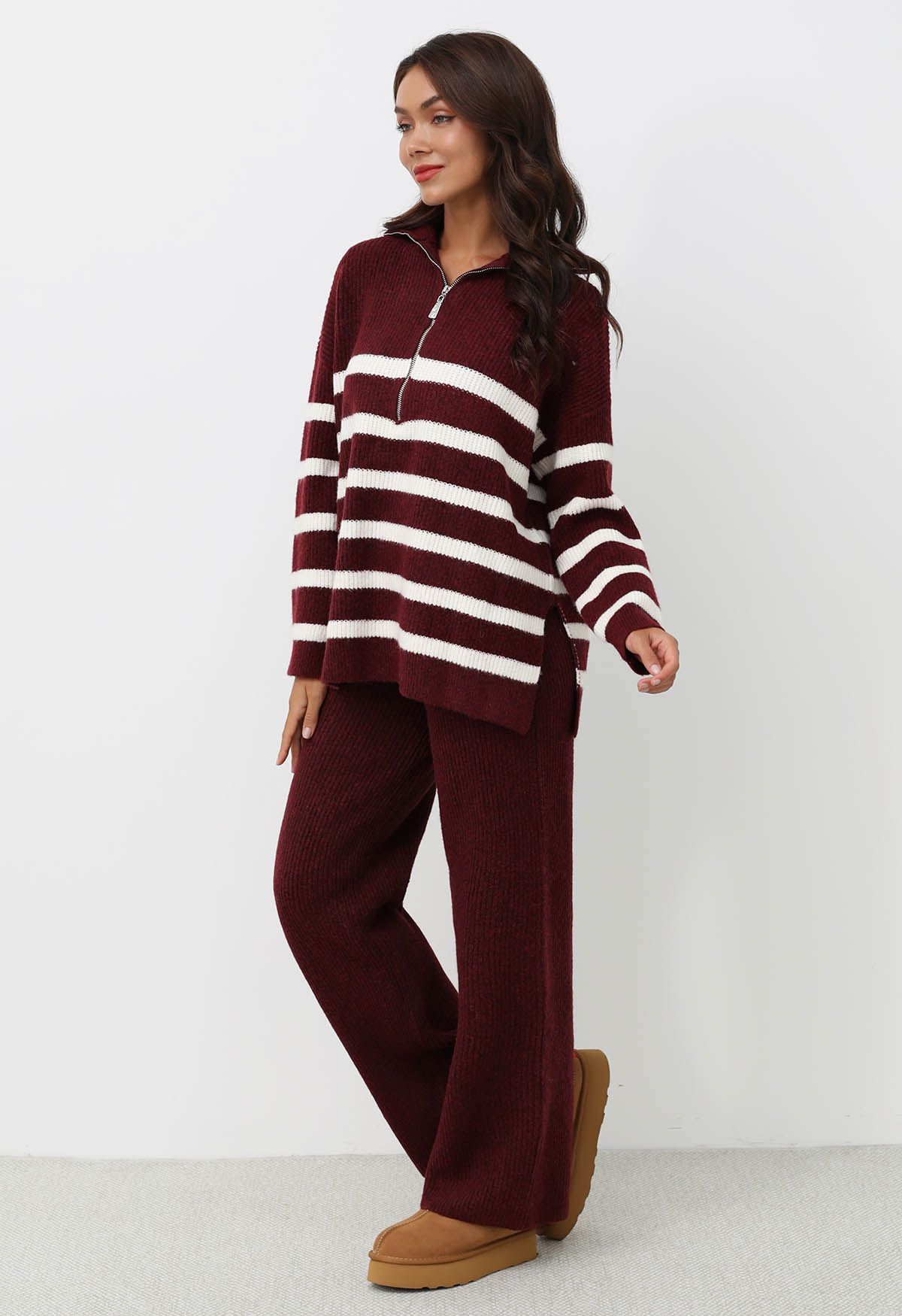 Burgundy Stripes Half-Zip Sweater and Pants Set