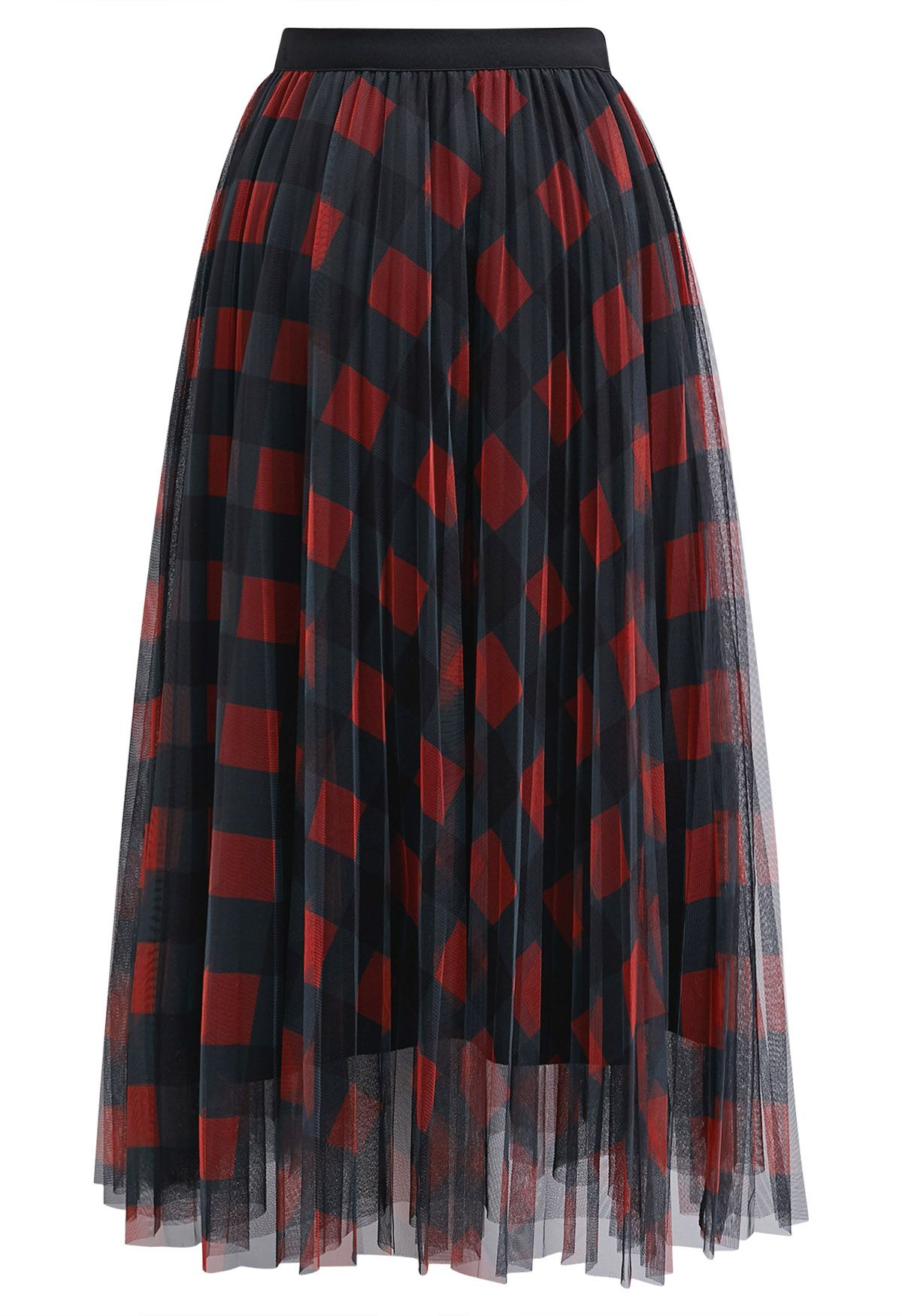 Bold Checks Double-Layered Mesh Midi Skirt in Red