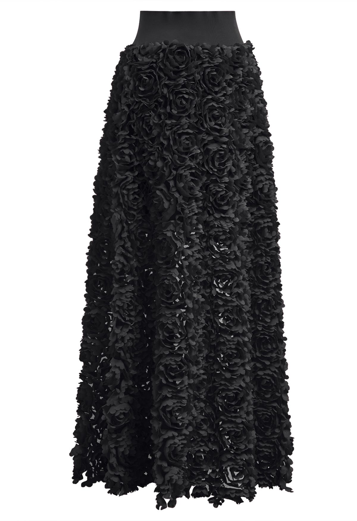 Rose Petal Embellished Mesh Maxi Skirt in Black