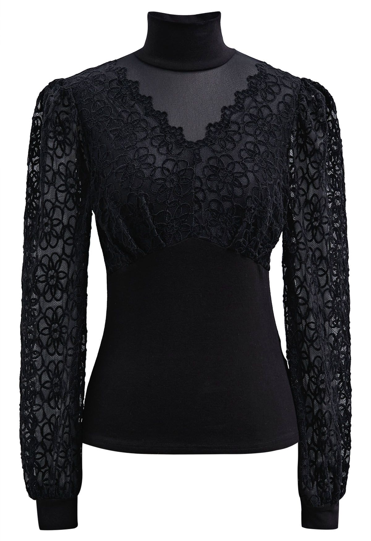 Floral Lace Panelled Velvet Fitted Top