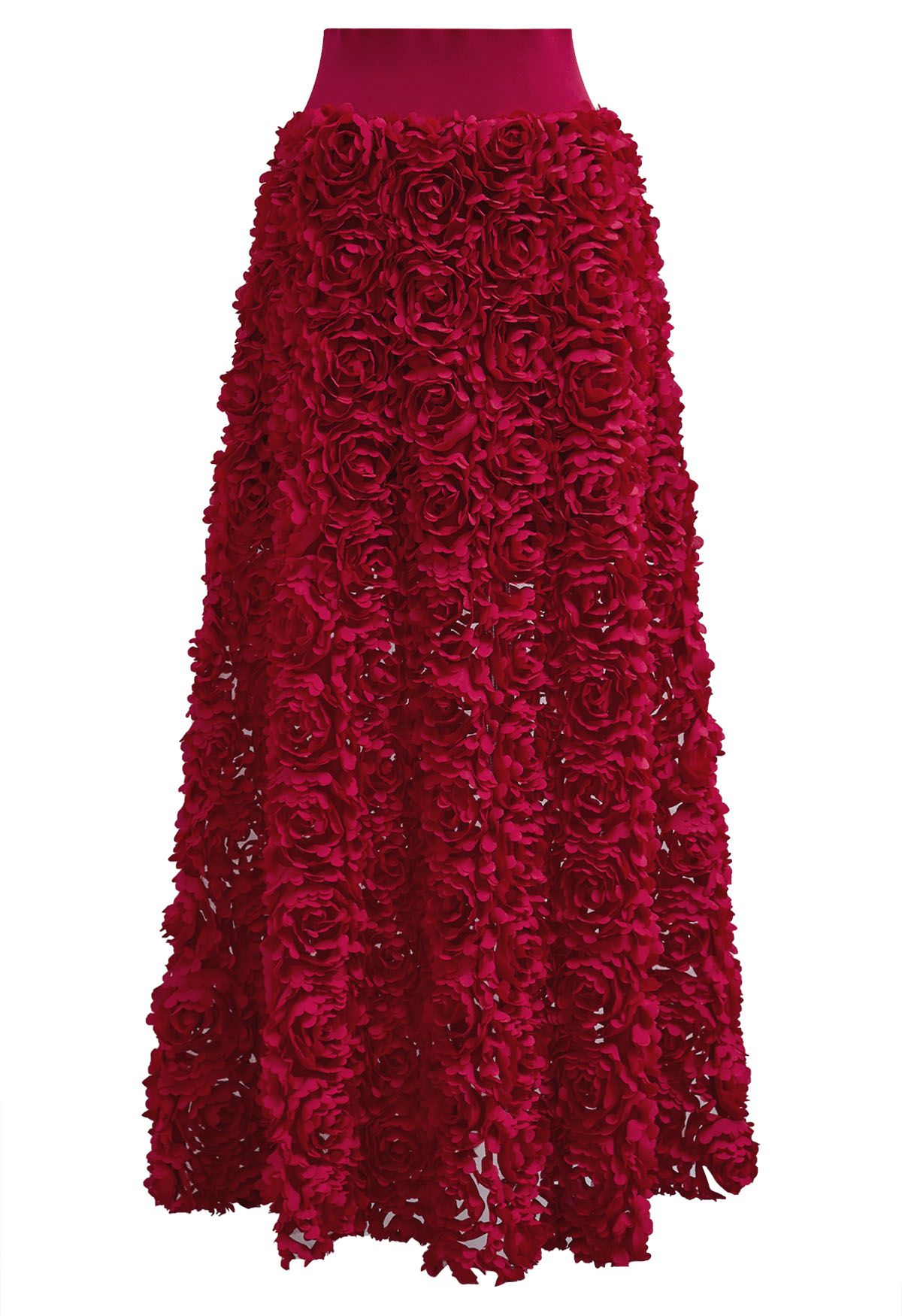 Rose Petal Embellished Mesh Maxi Skirt in Red