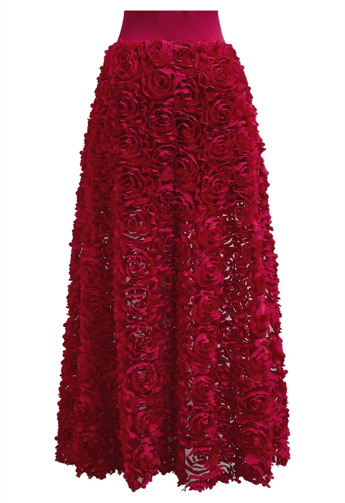 Rose Petal Embellished Mesh Maxi Skirt in Red