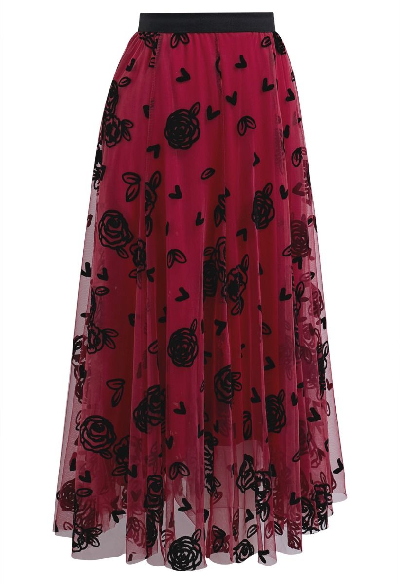 3D Rose and Heart Mesh Midi Skirt in Red