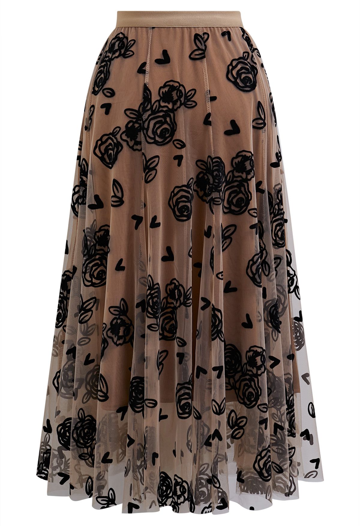 3D Rose and Heart Mesh Midi Skirt in Caramel