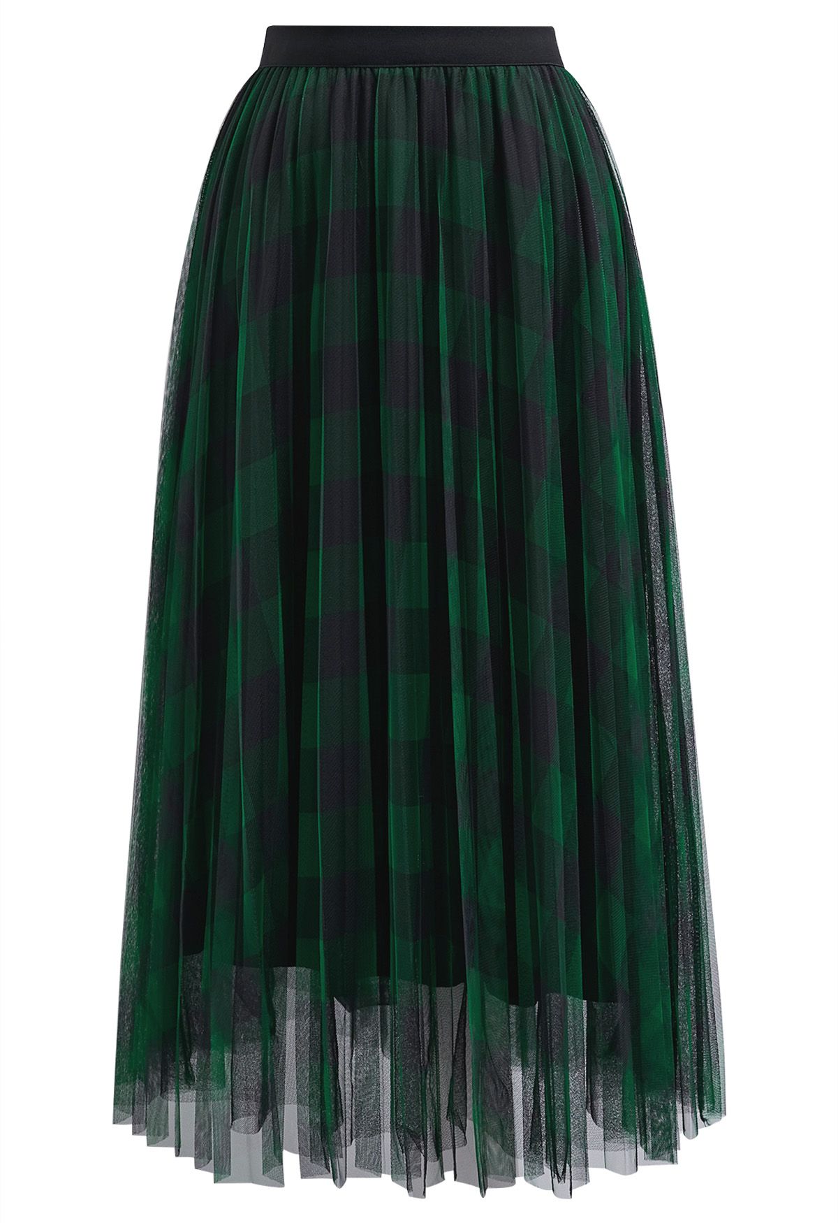 Bold Checks Double-Layered Mesh Midi Skirt in Green