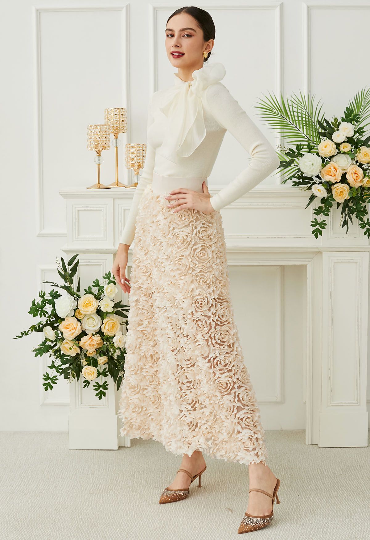 Rose Petal Embellished Mesh Maxi Skirt in Apricot